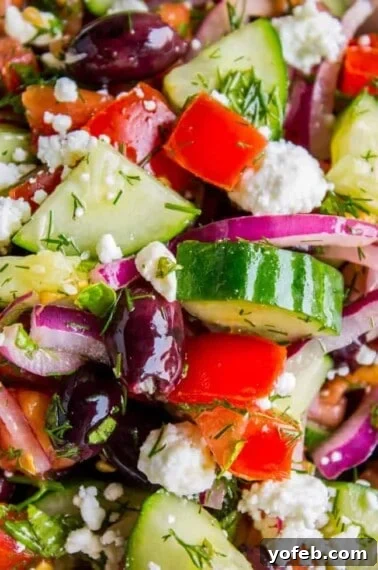 Basil Chicken Salad with Peppery Arugula and Lemon Vinaigrette 14 Close-up of a Greek salad with chopped cucumbers, tomatoes, red onions, kalamata olives, crumbled feta cheese, and fresh dill.