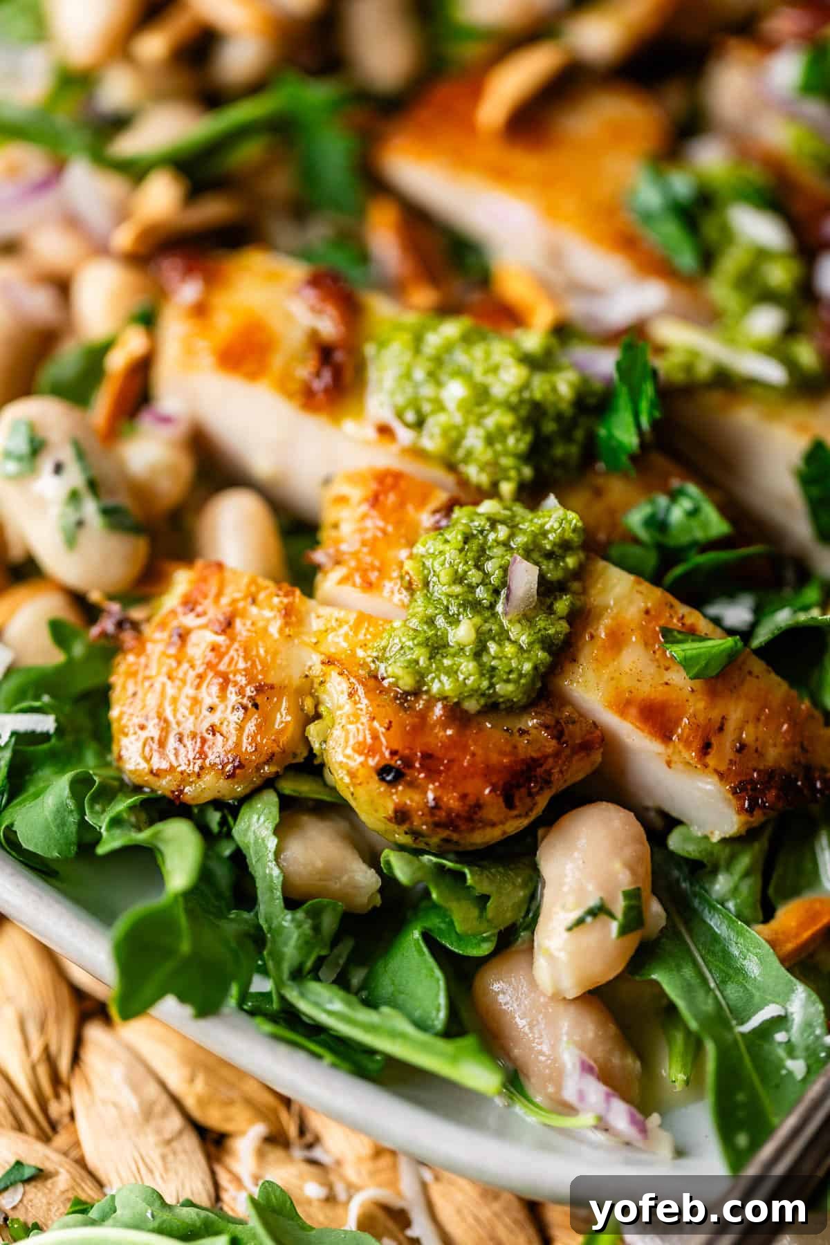 Basil Chicken Salad with Peppery Arugula and Lemon Vinaigrette 3 Close-up of sliced grilled chicken topped with green pesto, served on a bed of arugula, white beans, fresh herbs, and toasted almonds. The dish appears fresh and vibrant with a golden, crispy chicken skin.
