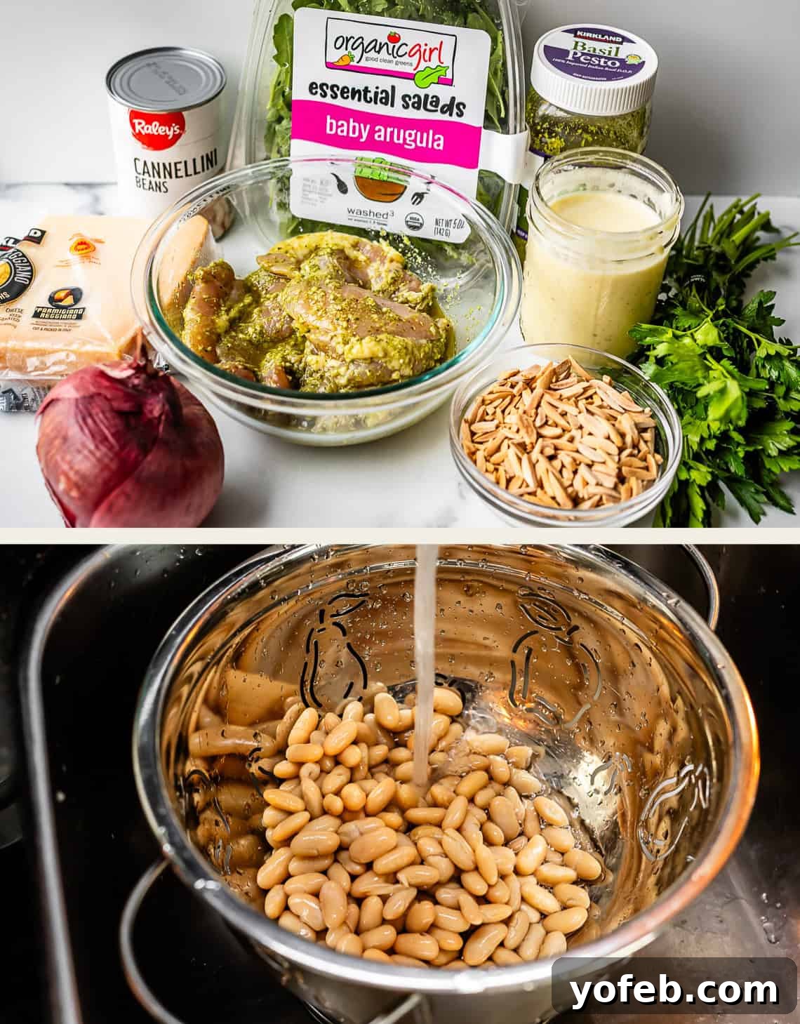 Basil Chicken Salad with Peppery Arugula and Lemon Vinaigrette 4 Two images: Top shows ingredients for a salad, including arugula, marinated chicken, red onion, cannellini beans, slivered almonds, Parmesan, parsley, dressing, and spices. Bottom shows beans being rinsed in a colander under running water.
