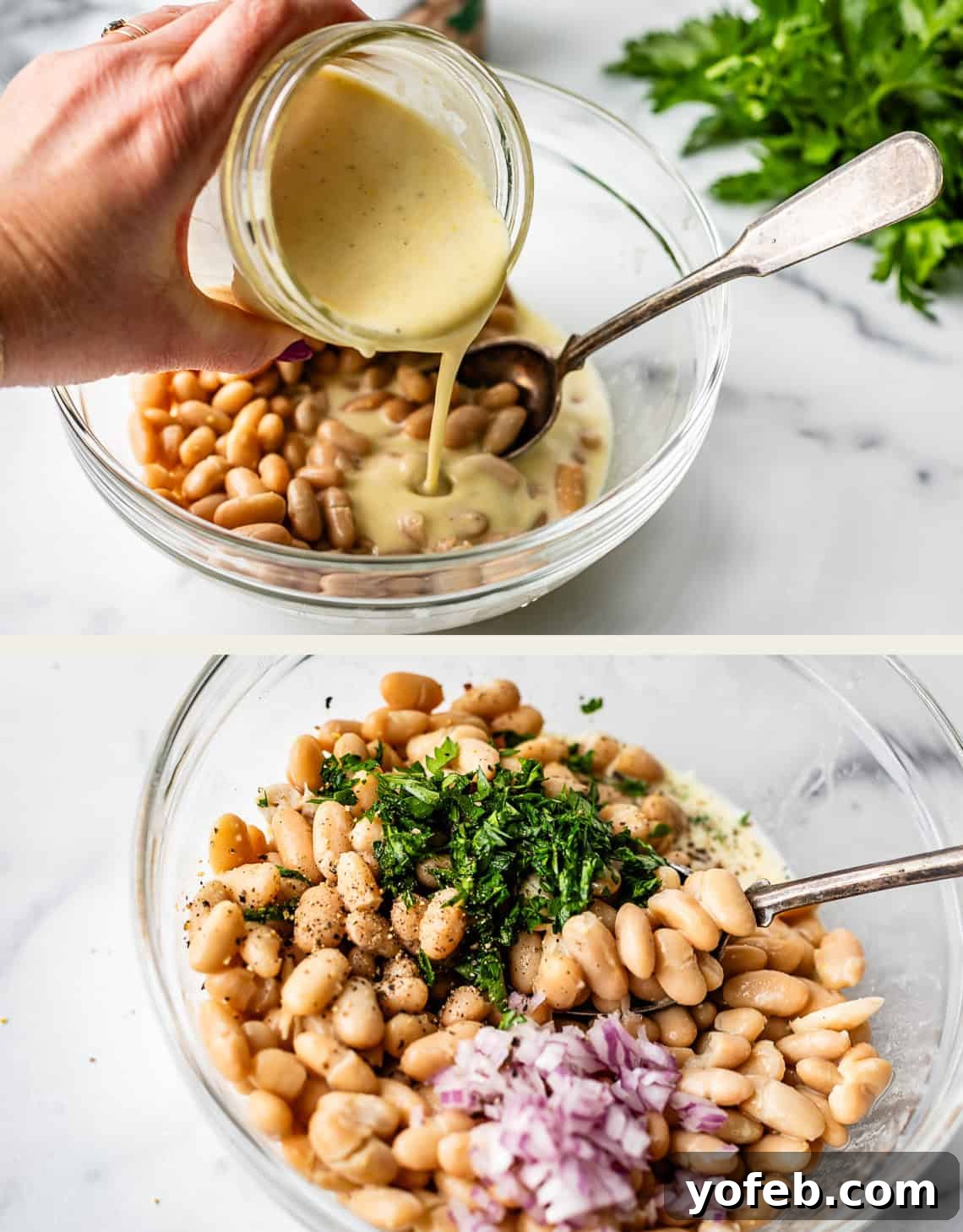 Basil Chicken Salad with Peppery Arugula and Lemon Vinaigrette 5 A hand pours creamy dressing over white beans in a glass bowl; another image shows the beans mixed with chopped herbs, red onion, and black pepper, with a metal spoon and fresh parsley nearby.