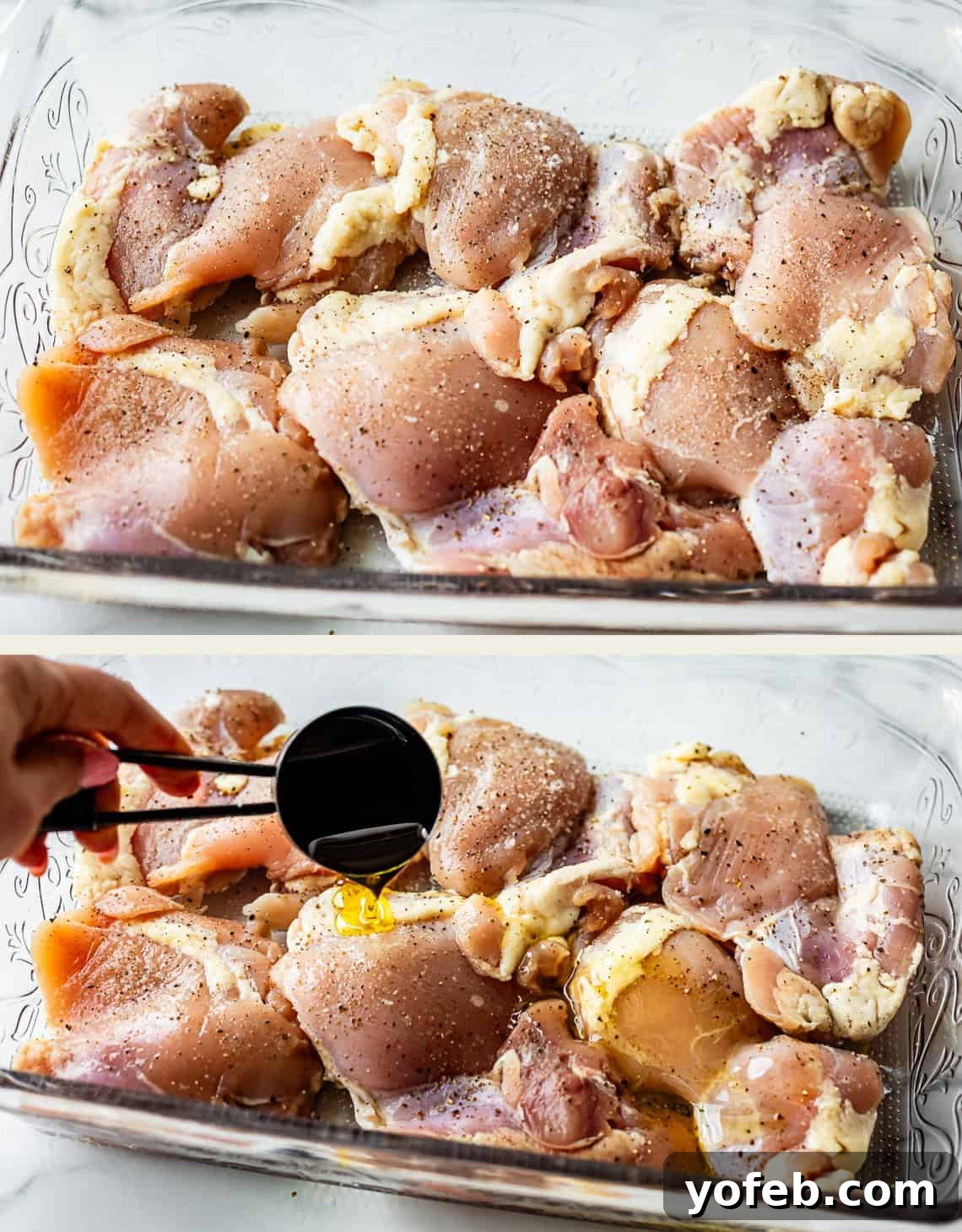 Creamy Pesto Chicken Recipe with Garlic and Parmesan 6 Raw chicken pieces are arranged in a glass baking dish. In the second image, a hand pours olive oil from a measuring cup over the seasoned chicken thighs.