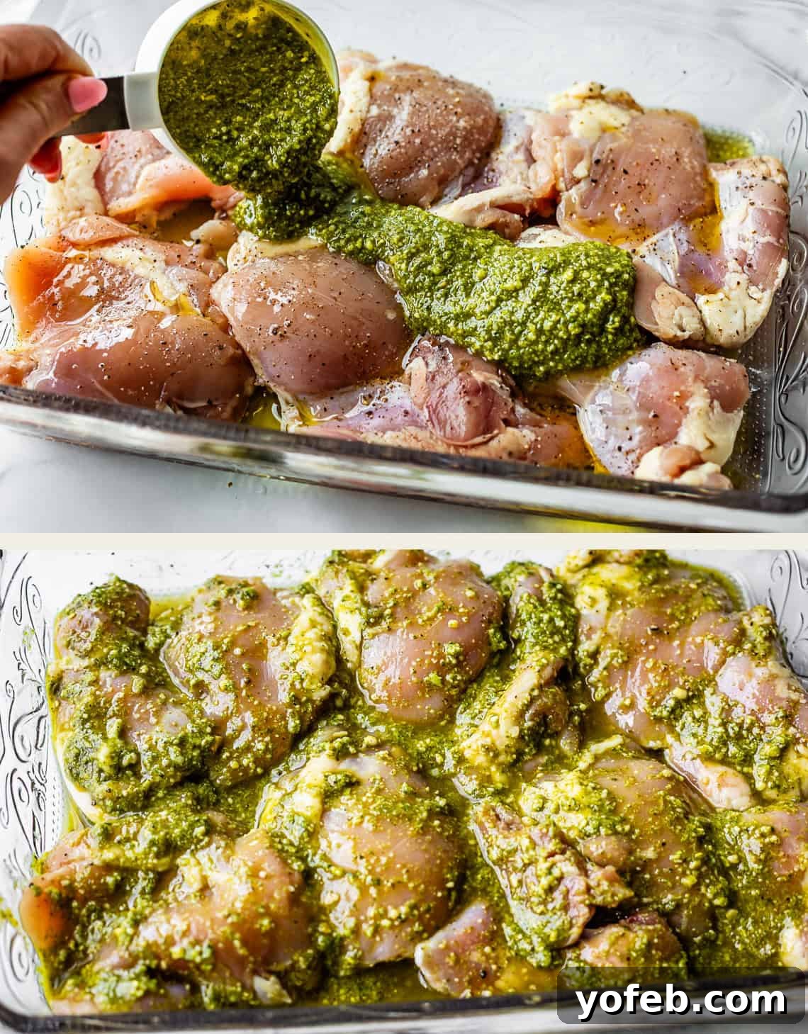 Creamy Pesto Chicken Recipe with Garlic and Parmesan 7 Two images: The top shows pesto sauce being poured over raw chicken thighs in a glass baking dish. The bottom shows the chicken pieces fully coated in the green pesto marinade, ready to bake.