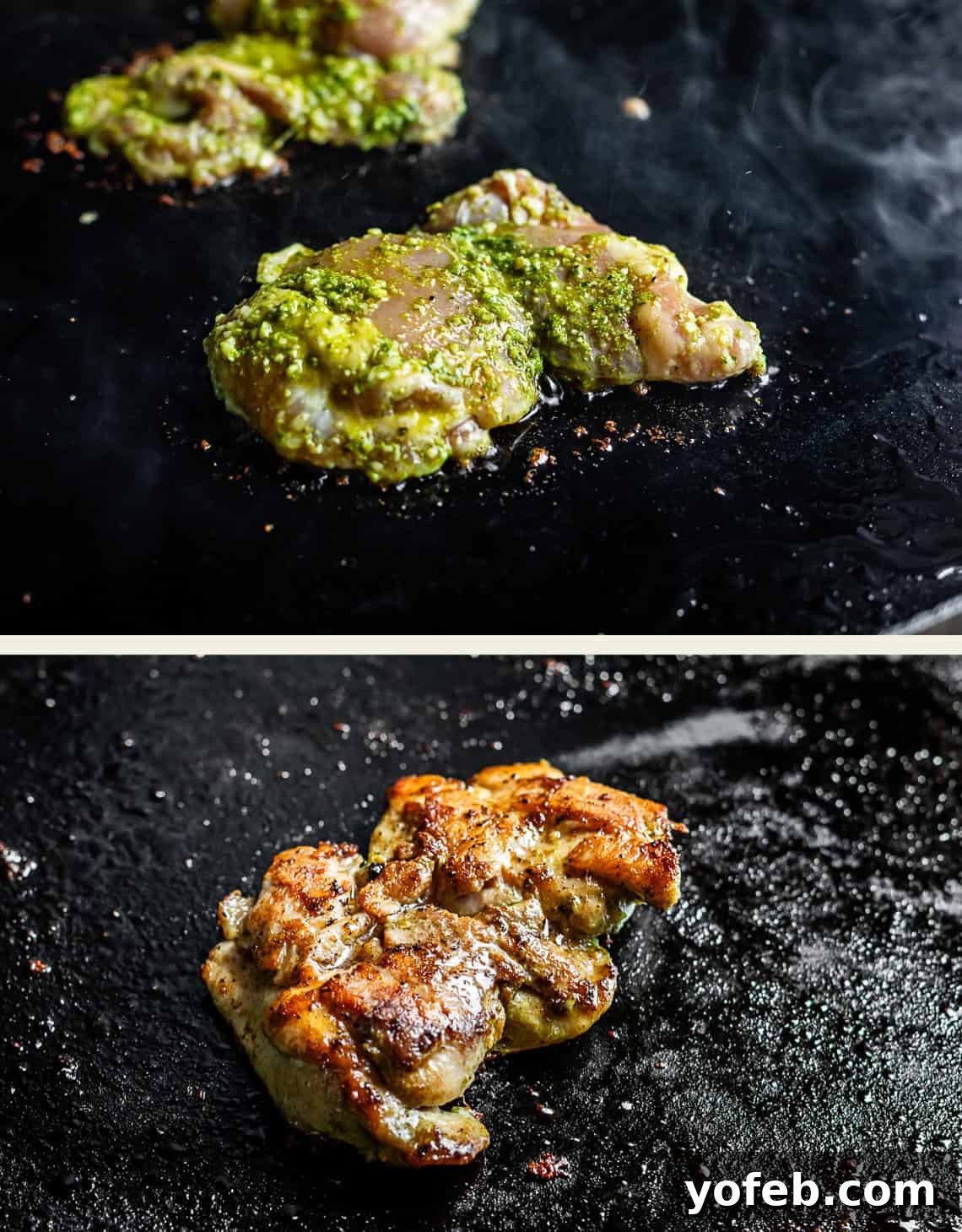 Creamy Pesto Chicken Recipe with Garlic and Parmesan 8 Two images show chicken cooking on a hot surface: the top image has raw chicken marinated with green pesto, and the bottom image shows the same chicken cooked to a golden brown.