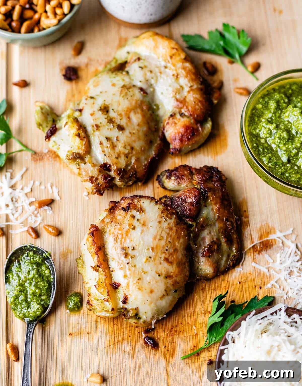 Creamy Pesto Chicken Recipe with Garlic and Parmesan 10 Two grilled chicken thighs sit on a wooden board, topped with green pesto sauce. Grated cheese, pine nuts, parsley, and a bowl of pesto are arranged around the chicken for garnish.