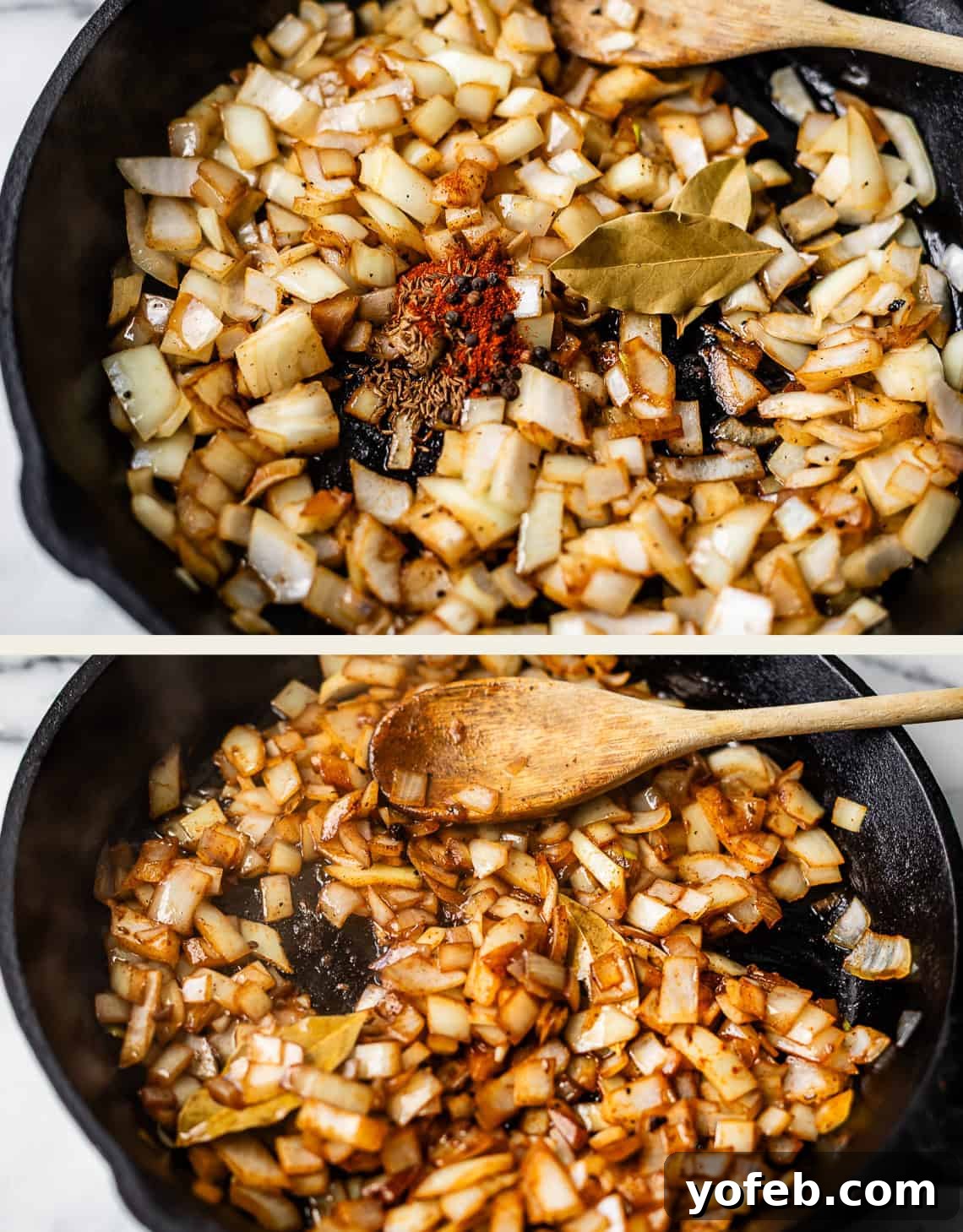 One-Pan Kielbasa and Cabbage Skillet Recipe for Quick Dinners 9 Two images show chopped onions cooking in a cast iron skillet. The top image includes a pile of spices and two bay leaves in the center, while the bottom image shows the spices mixed in with the softened onions and a wooden spoon.