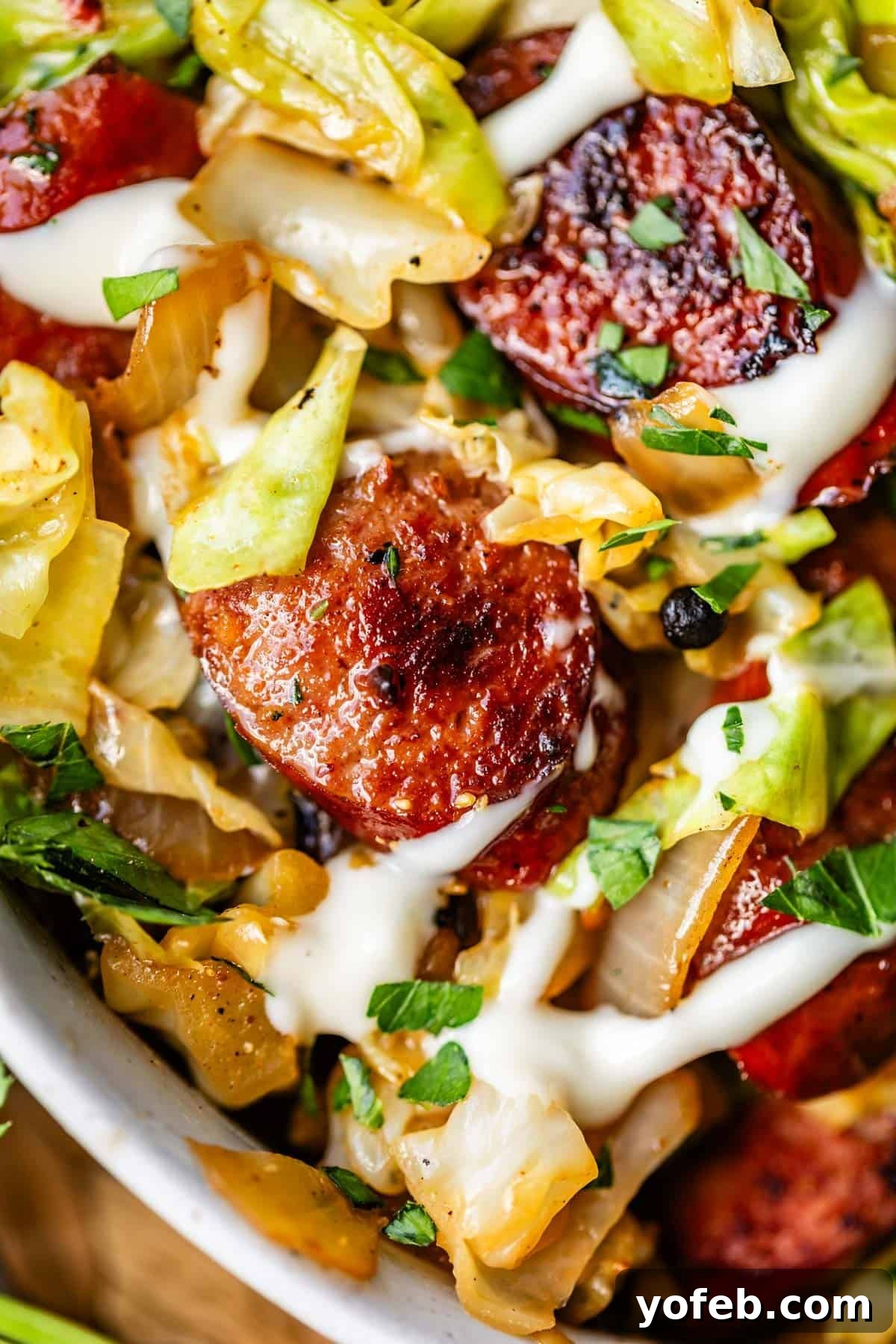One-Pan Kielbasa and Cabbage Skillet Recipe for Quick Dinners 3 Close-up of sautéed sausage slices with caramelized edges, cooked cabbage, and onions, topped with a drizzle of creamy sauce and sprinkled with chopped parsley.