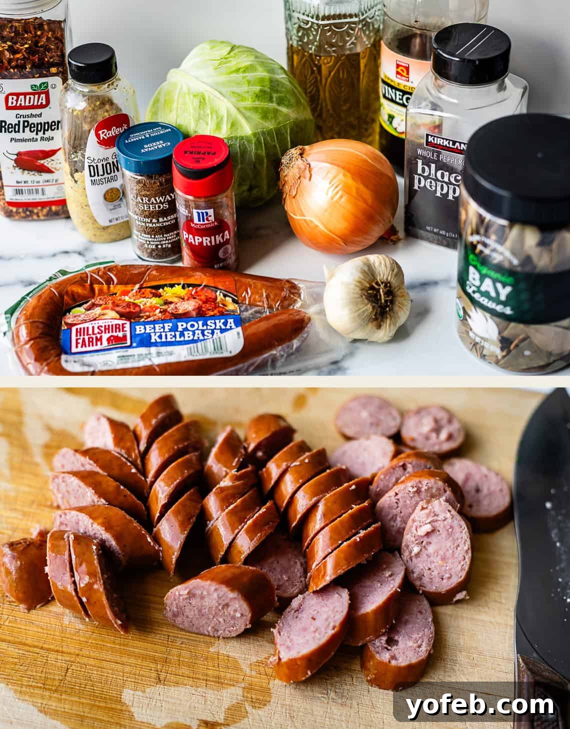 One-Pan Kielbasa and Cabbage Skillet Recipe for Quick Dinners 6 A display of ingredients for a sausage and cabbage dish: cabbage, onion, garlic, spices, vinegar, and a package of beef Polska kielbasa. Below, the kielbasa is sliced on a cutting board with a knife.