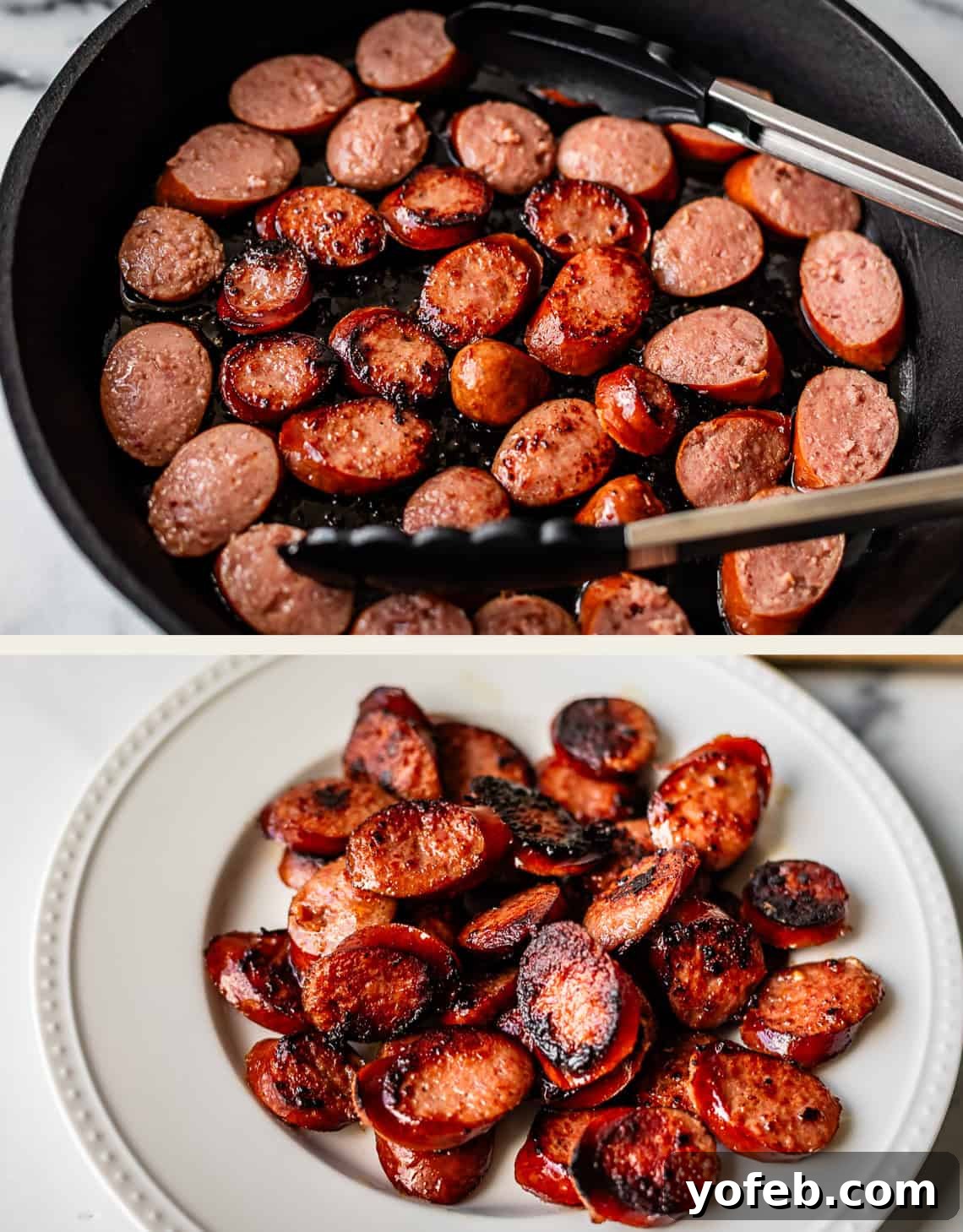 One-Pan Kielbasa and Cabbage Skillet Recipe for Quick Dinners 7 Sliced sausage pieces being cooked in a skillet with tongs, and then served browned and crispy on a white plate.