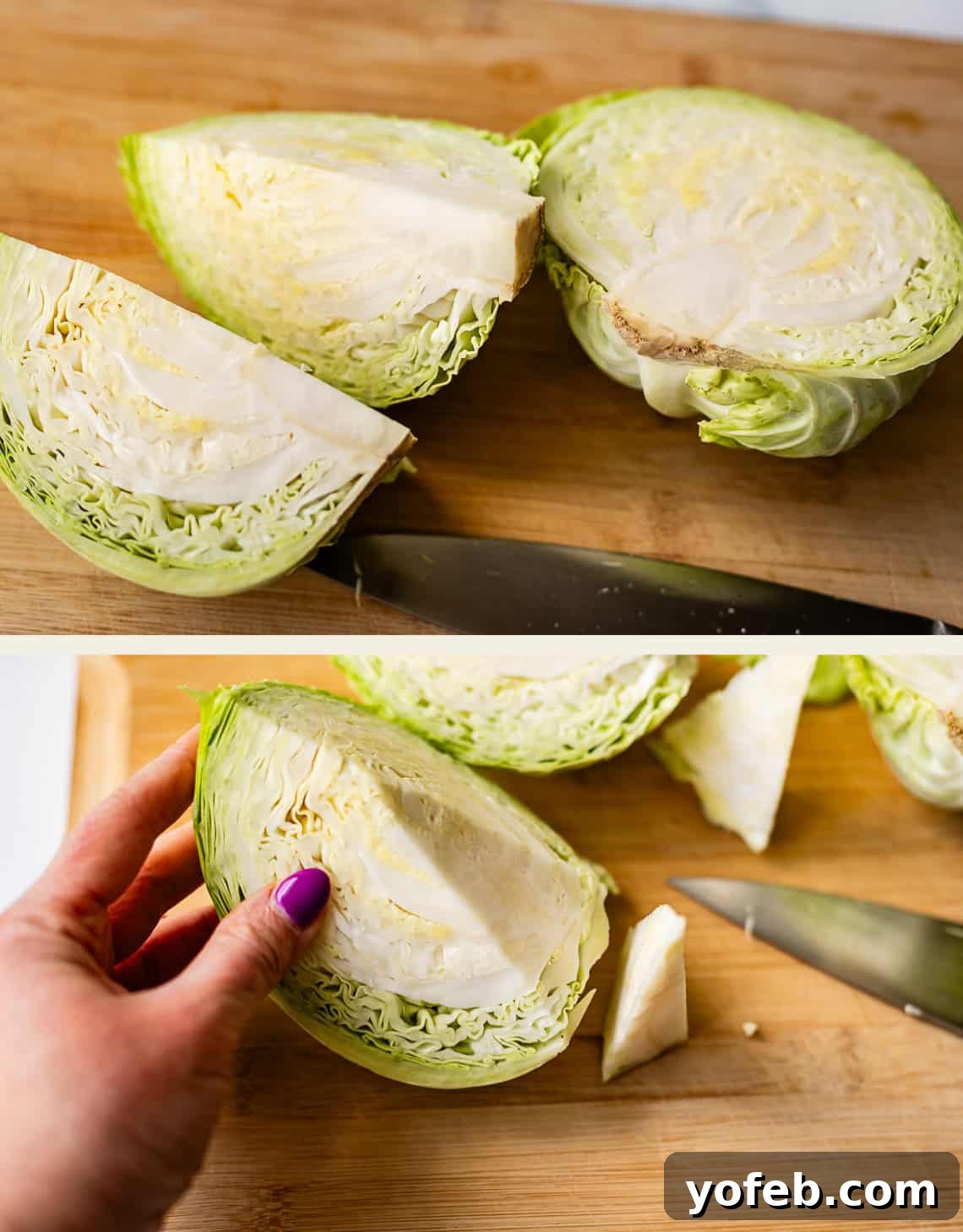 One-Pan Kielbasa and Cabbage Skillet Recipe for Quick Dinners 8 Two images showing a cabbage being cut on a wooden board. The first image shows a cabbage sliced into wedges with a knife nearby. The second shows a hand holding a cabbage wedge while cutting off the core.