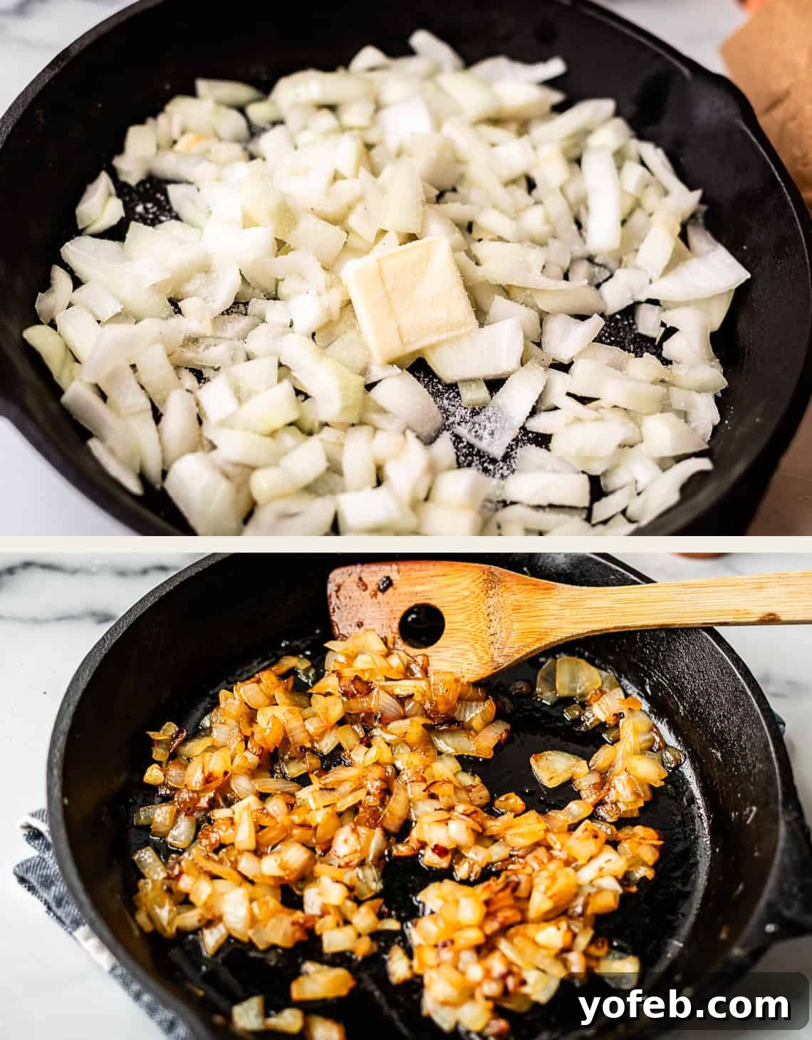 Authentic Philly Cheesesteak Recipe: How to Make It at Home 10 Two images: Top—chopped onions, a pat of butter, and salt in a black skillet. Bottom—onions browned and caramelized in the same skillet, with a wooden spoon resting on the edge.