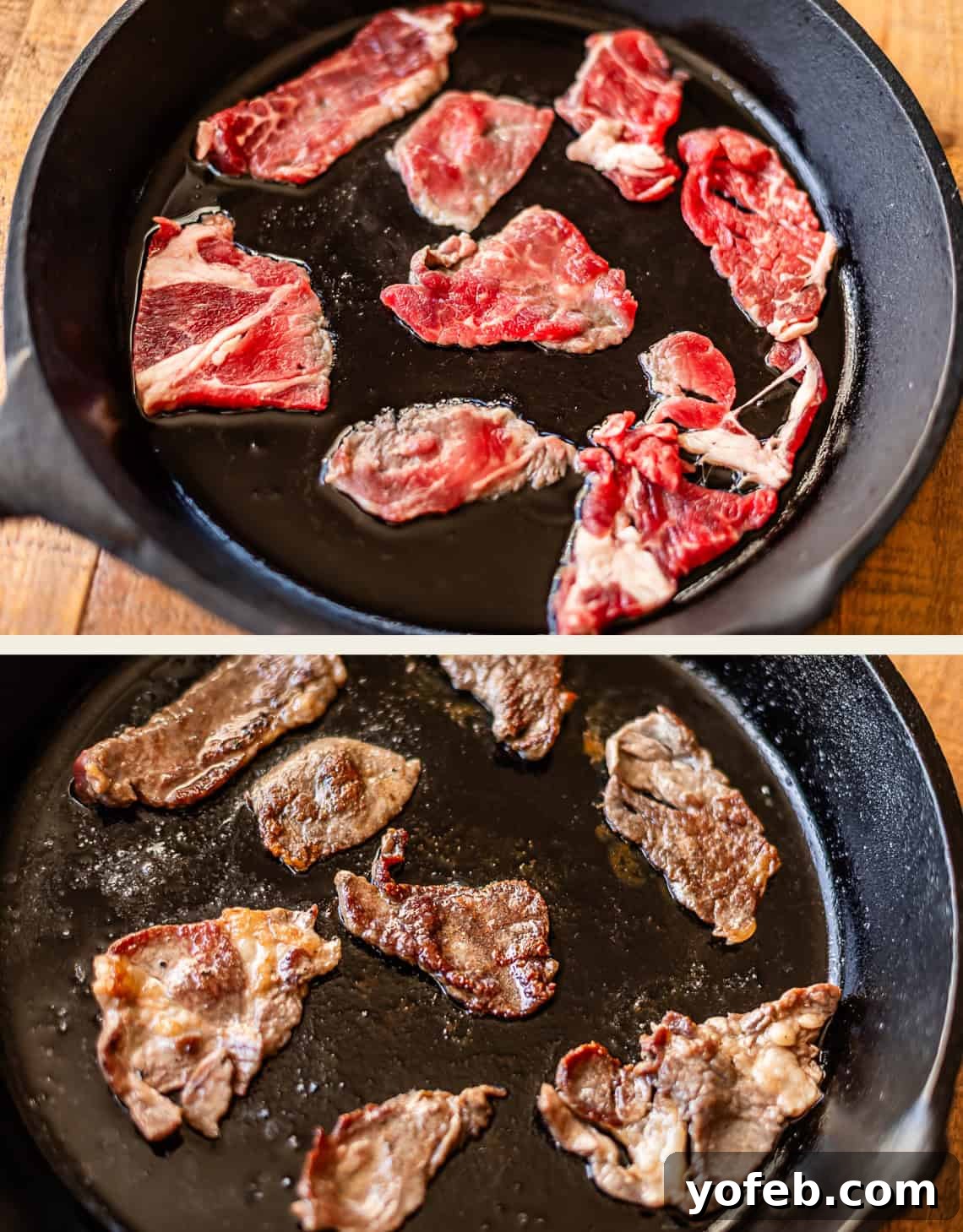 Authentic Philly Cheesesteak Recipe: How to Make It at Home 12 Two images show a black cast iron skillet: the top with raw beef slices, the bottom with the same slices cooked and browned, all on a wooden surface.