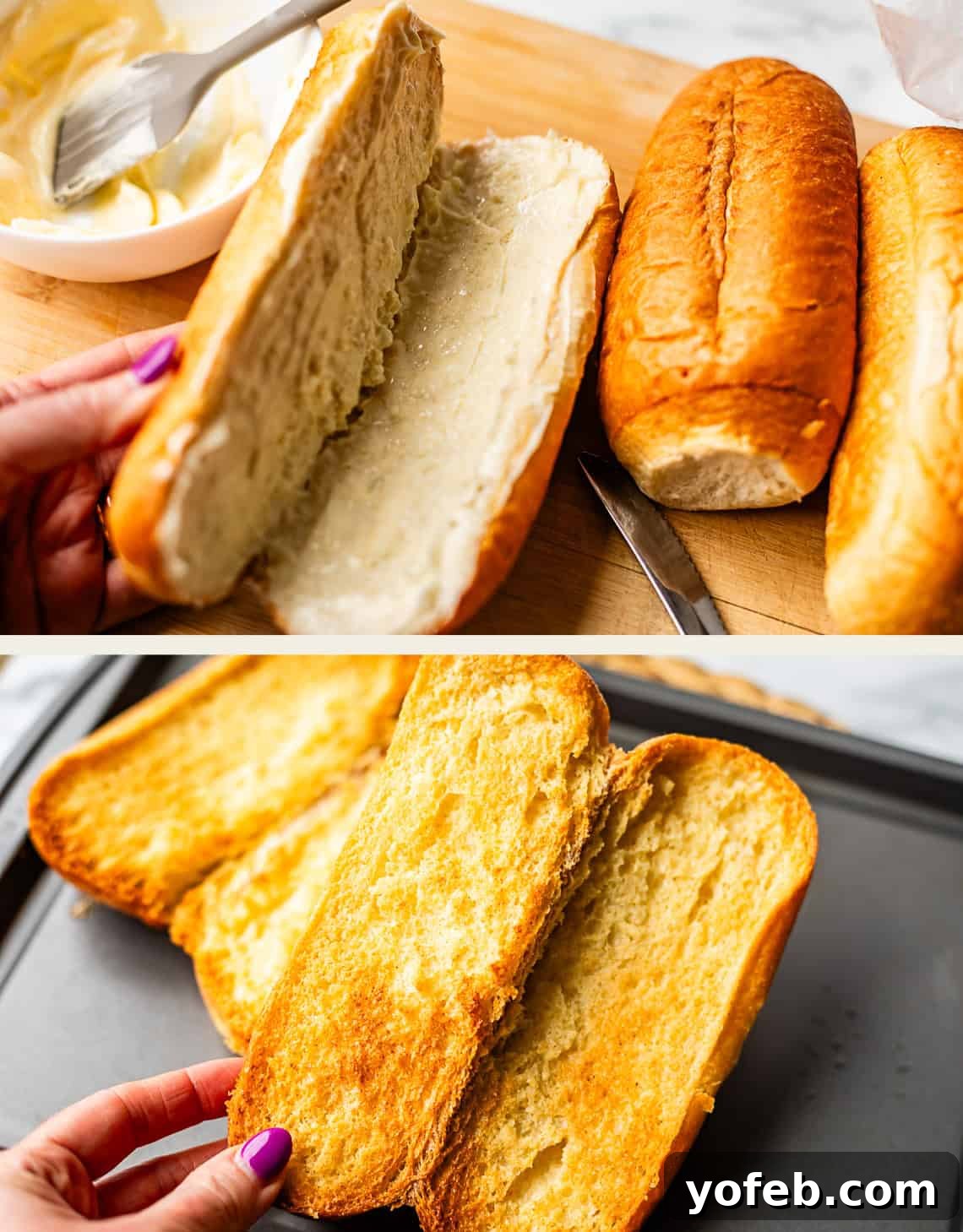 Authentic Philly Cheesesteak Recipe: How to Make It at Home 14 Two images: The top shows hands spreading butter on split sandwich rolls; the bottom shows the same rolls toasted to golden brown on a baking tray. A bowl of butter and a knife are on the side.