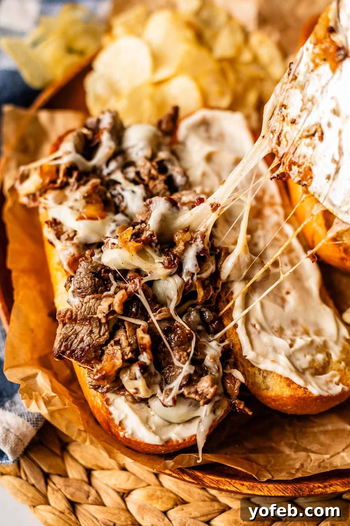 Authentic Philly Cheesesteak Recipe: How to Make It at Home 15 A close-up of a cheesesteak sandwich on a toasted bun, topped with melted cheese, sautéed onions, and sliced steak, with potato chips in the background. The melted cheese is stretching as the sandwich is pulled apart.