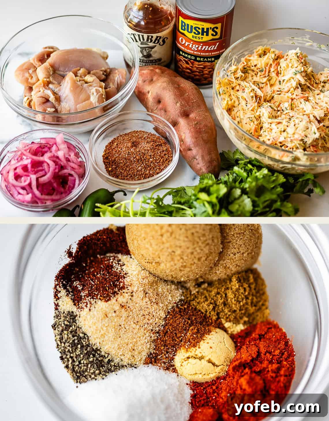 Smoky BBQ Chicken Rice Bowls with Grilled Veggies 5 Two images: Top shows bowls and containers of chicken, beans, BBQ sauce, slaw, sweet potato, pickled onions, vegetables, and seasonings. Bottom shows a close-up of assorted spices and seasonings in a glass bowl.