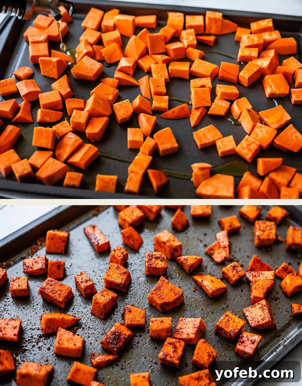 Smoky BBQ Chicken Rice Bowls with Grilled Veggies 6 Two images show sweet potato cubes on a baking sheet: the top image shows raw cubes being drizzled with oil, while the bottom image shows the cubes roasted and seasoned, golden and crispy.