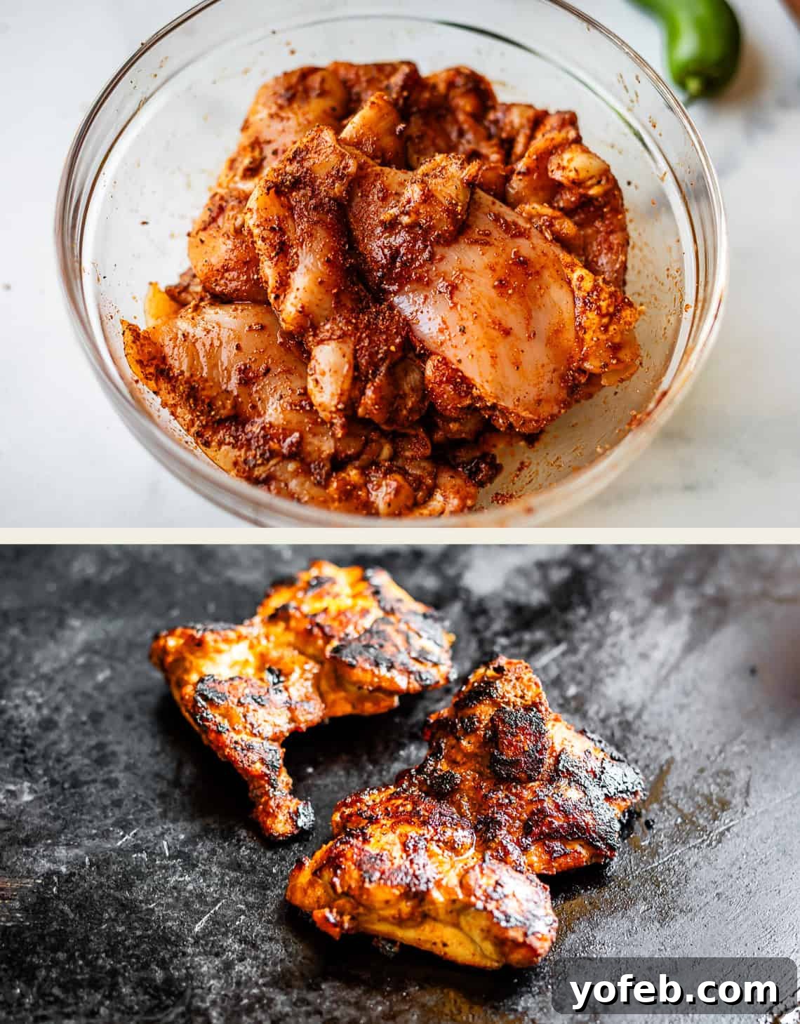 Smoky BBQ Chicken Rice Bowls with Grilled Veggies 7 A bowl of raw, seasoned chicken pieces sits on a counter. Below, two pieces of cooked, charred chicken rest on a dark surface, showing a transformation from marinated to grilled.