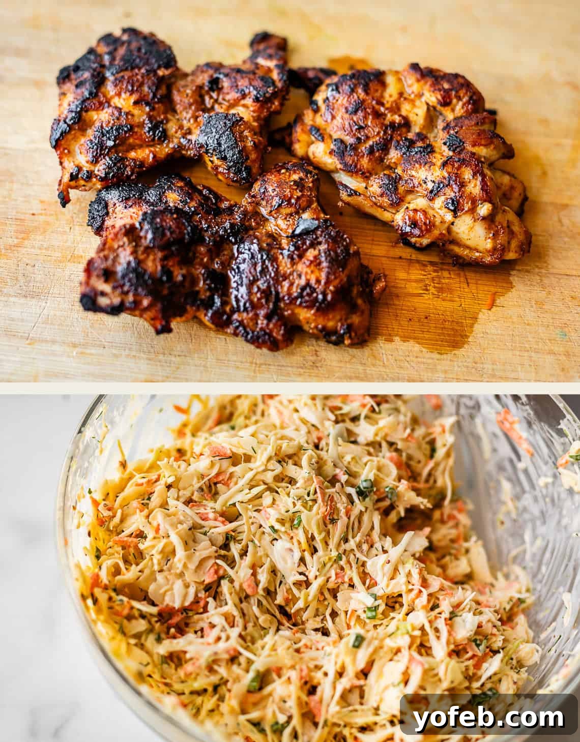 Smoky BBQ Chicken Rice Bowls with Grilled Veggies 8 Grilled, charred chicken thighs resting on a wooden board above a bowl of creamy coleslaw with shredded cabbage, carrots, and herbs.