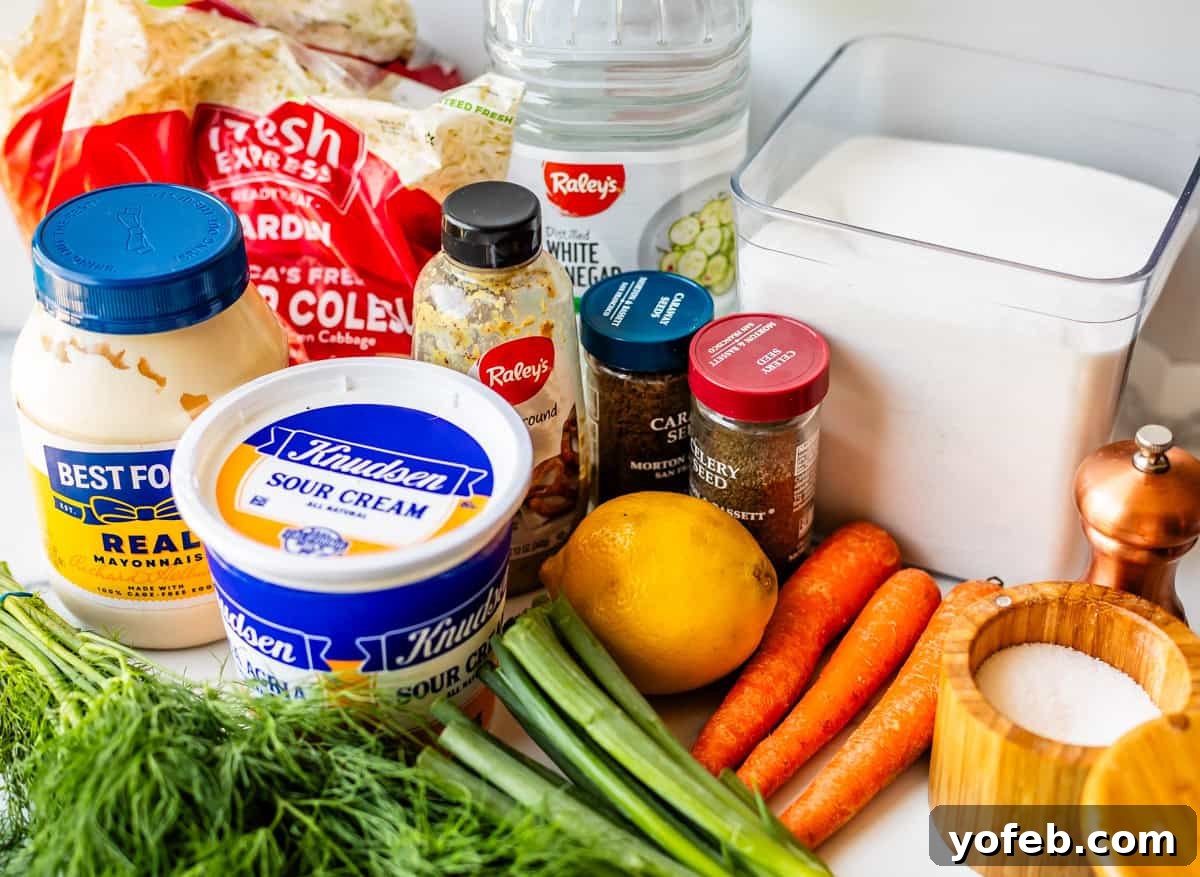 Classic Creamy Coleslaw Recipe with Tangy Dressing 5 An assortment of coleslaw ingredients on a counter, including mayonnaise, sour cream, shredded coleslaw mix, carrots, a lemon, fresh dill, green onions, sugar, white vinegar, and various spices.