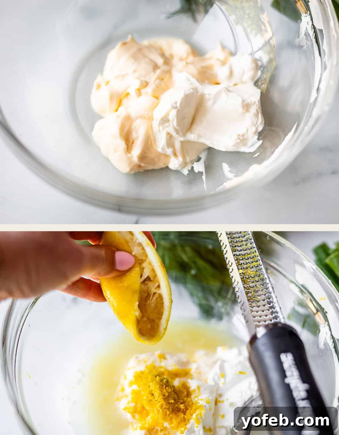 Classic Creamy Coleslaw Recipe with Tangy Dressing 6 A glass bowl with cream cheese and mayonnaise; in the next step, a hand squeezes a lemon and adds zest to the mixture with a grater beside the bowl.