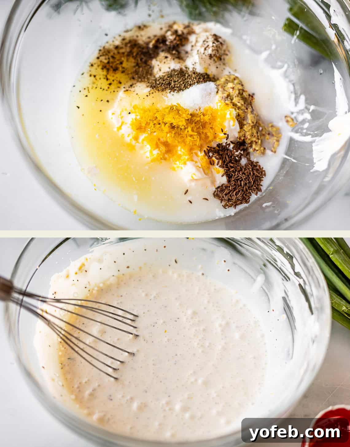 Classic Creamy Coleslaw Recipe with Tangy Dressing 7 Two images: The top shows a glass bowl with mayonnaise, spices, lemon zest, and seasonings. The bottom shows the same bowl with the mixture whisked into a smooth, creamy dressing. A whisk and some green herbs are nearby.
