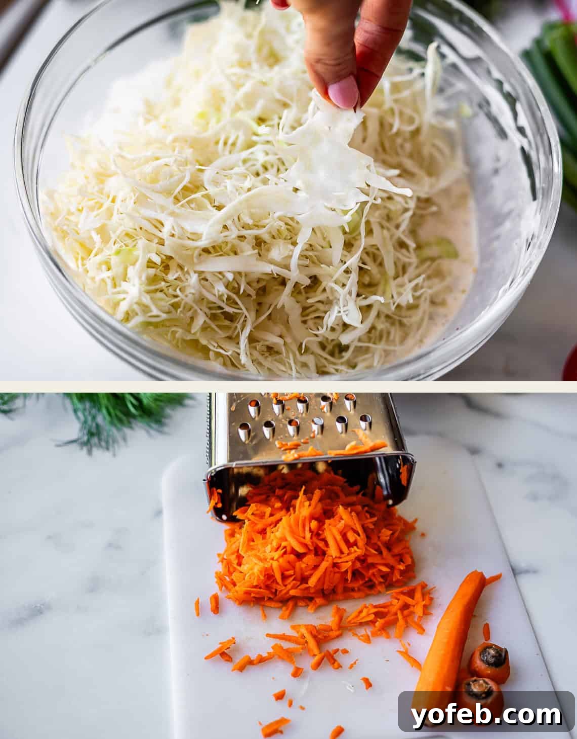 Classic Creamy Coleslaw Recipe with Tangy Dressing 8 A hand holds a piece of shredded cabbage over a bowl of coleslaw mix in the top image; in the bottom image, shredded carrots and a box grater sit on a white cutting board with a partially peeled carrot nearby.