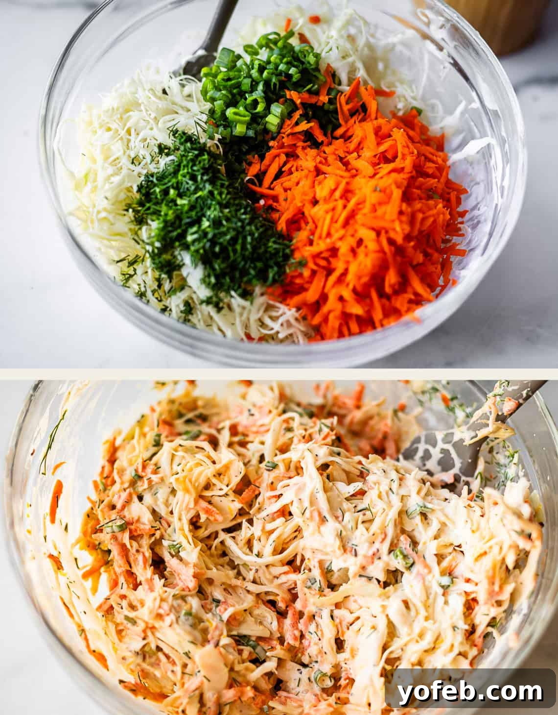 Classic Creamy Coleslaw Recipe with Tangy Dressing 9 Top: A bowl with shredded cabbage, carrots, green onions, and herbs. Bottom: The same ingredients mixed together with creamy dressing to make coleslaw.