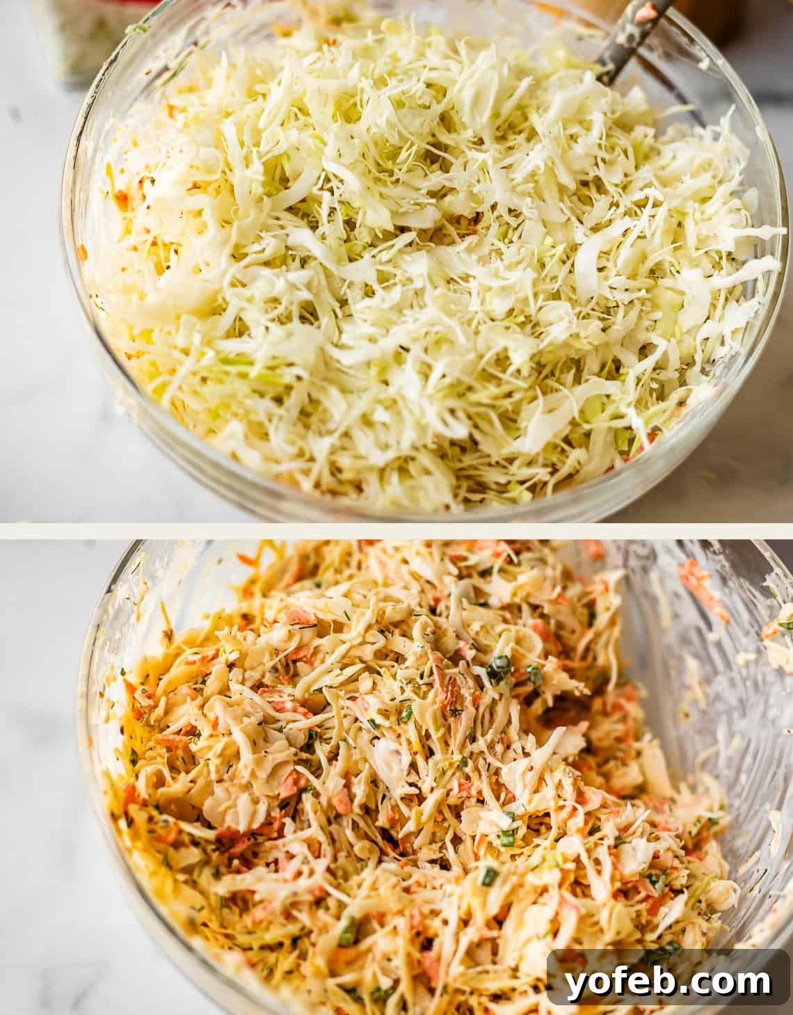 Classic Creamy Coleslaw Recipe with Tangy Dressing 10 Two glass bowls of coleslaw: the top bowl contains plain shredded cabbage, while the bottom bowl shows the cabbage mixed with dressing, carrots, and chopped herbs.
