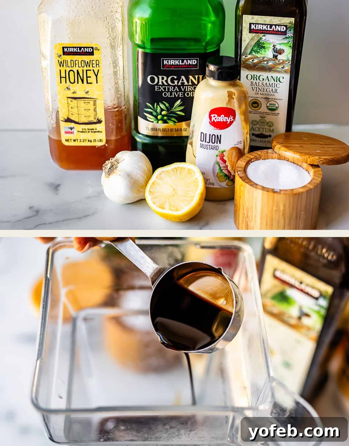 Creamy Balsamic Vinaigrette for Salads 5 A selection of ingredients for a dressing, including honey, olive oil, balsamic vinegar, garlic, lemon, mustard, and salt, displayed on a counter, with a measuring cup pouring balsamic vinegar into a clear container.