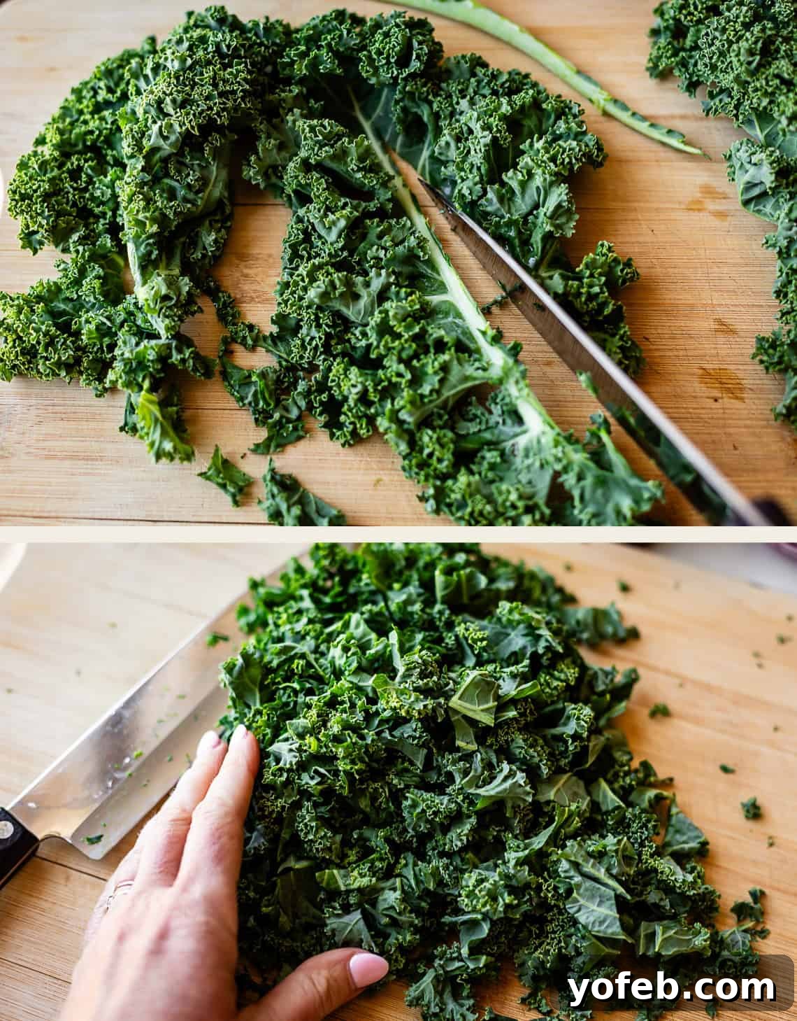 Mendocino Copycat Citrus and Goat Cheese Salad 10 Two photos: the top shows kale being sliced on a wooden cutting board; the bottom shows a hand holding a pile of freshly chopped kale next to a large knife.