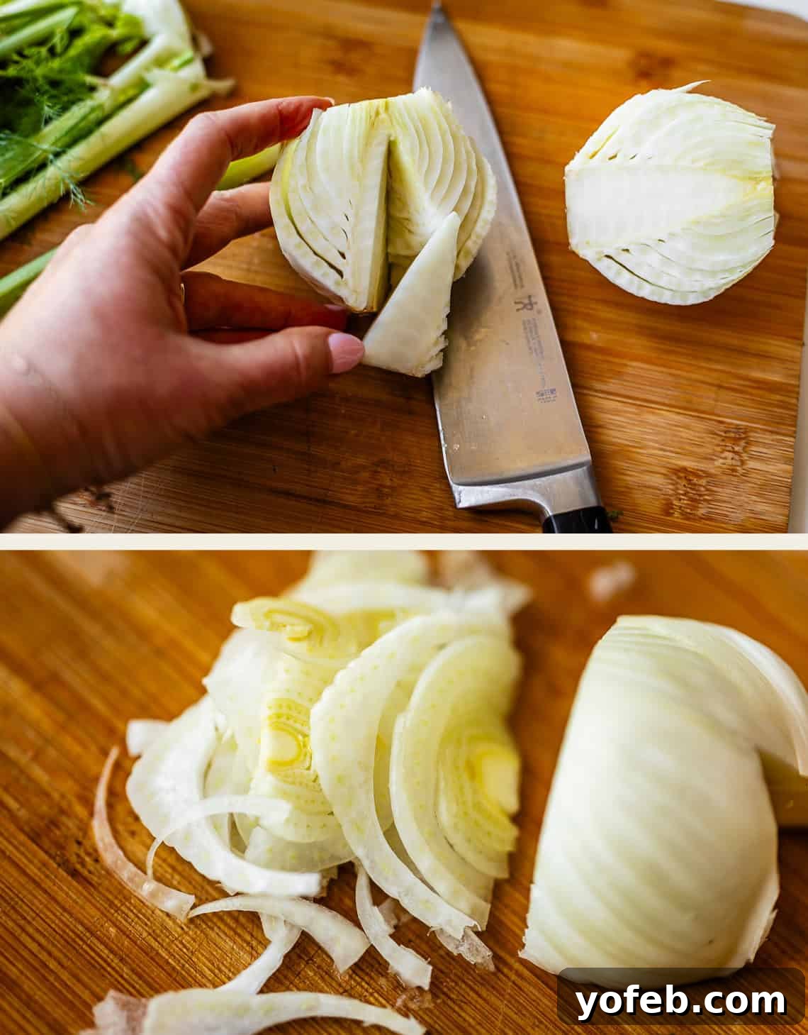 Mendocino Copycat Citrus and Goat Cheese Salad 12 A hand holds a sliced fennel bulb above a cutting board with a knife nearby. Below, thin fennel slices are shown next to more unsliced fennel.