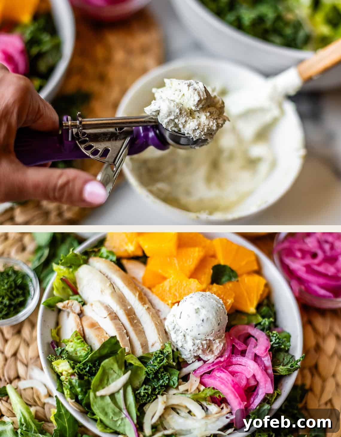 Mendocino Copycat Citrus and Goat Cheese Salad 14 A hand scoops herbed cheese in the top image. The bottom image shows a salad with greens, orange slices, chicken, pickled onions, and a scoop of herbed cheese in a white bowl.