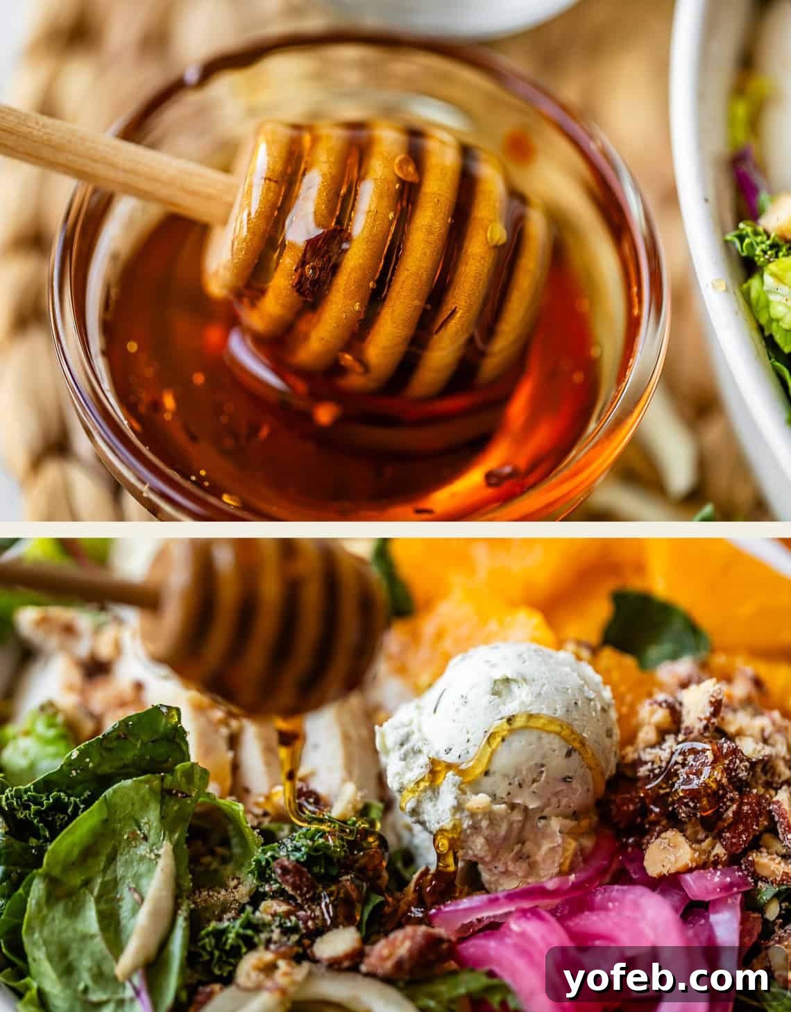 Mendocino Copycat Citrus and Goat Cheese Salad 15 A honey dipper drizzles honey from a glass bowl onto a fresh salad topped with cheese, greens, nuts, and pickled onions.