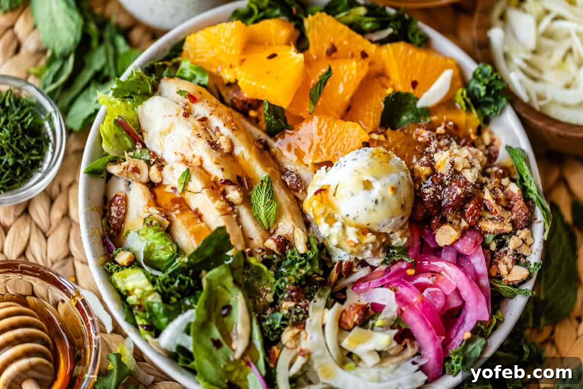 Mendocino Copycat Citrus and Goat Cheese Salad 16 A colorful salad bowl with sliced chicken, orange segments, pickled onions, mixed greens, sliced fennel, nuts, and a dollop of creamy dressing, garnished with fresh herbs.