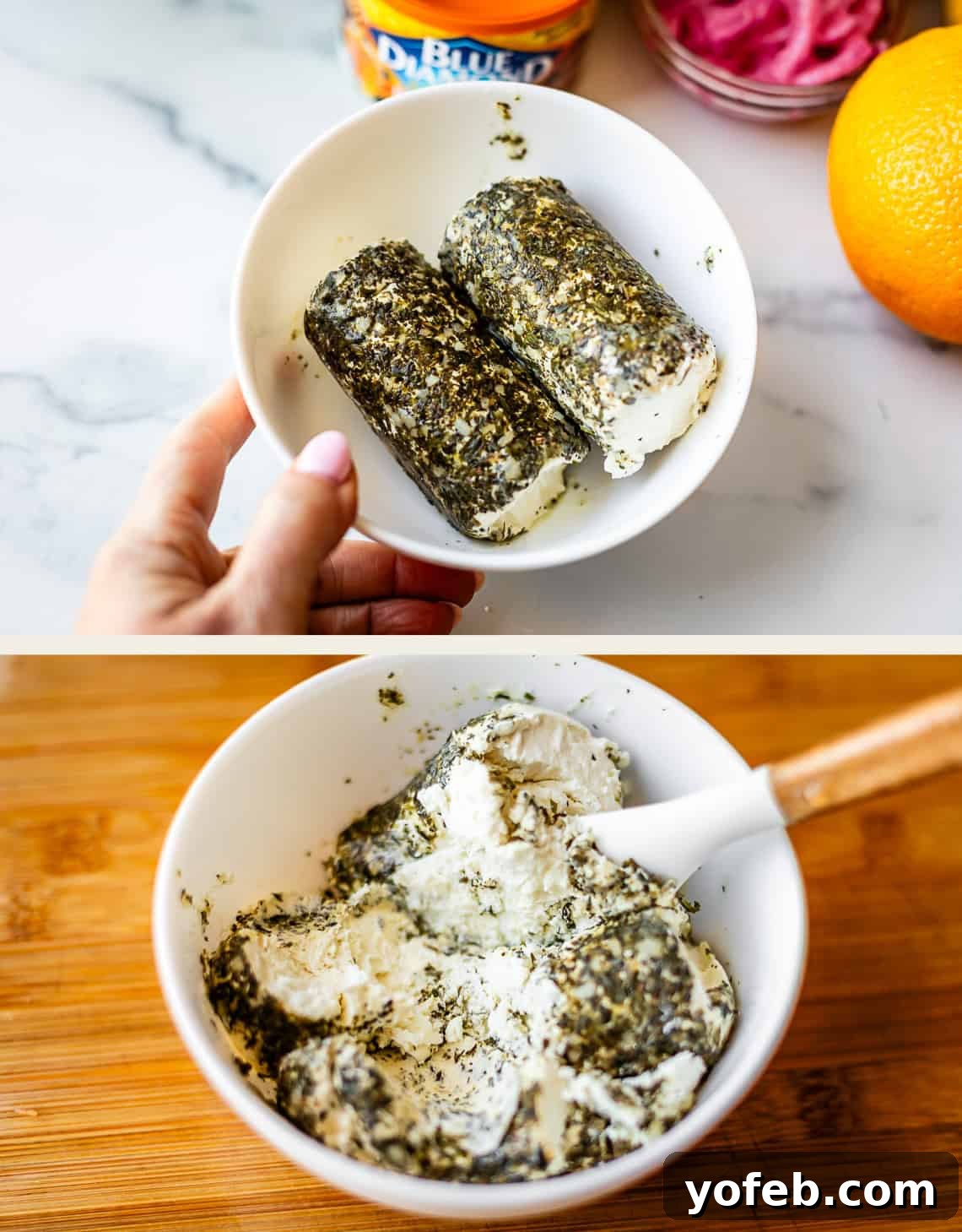 Mendocino Copycat Citrus and Goat Cheese Salad 8 Two images: Top—hand holding a bowl with two rolls of herb-coated goat cheese. Bottom—herb-coated goat cheese being mixed with a spatula in the same bowl on a wooden surface.