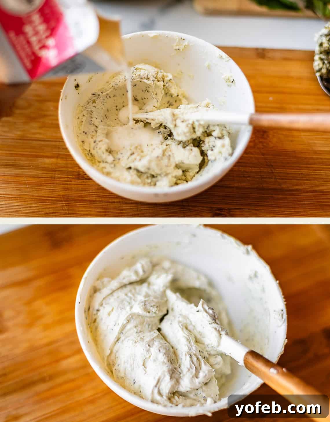 Mendocino Copycat Citrus and Goat Cheese Salad 9 Two images: The first shows cream being poured into a bowl of herbed mixture with a spatula. The second shows the mixture after being blended, now smooth and creamy, with the same spatula resting in the bowl.