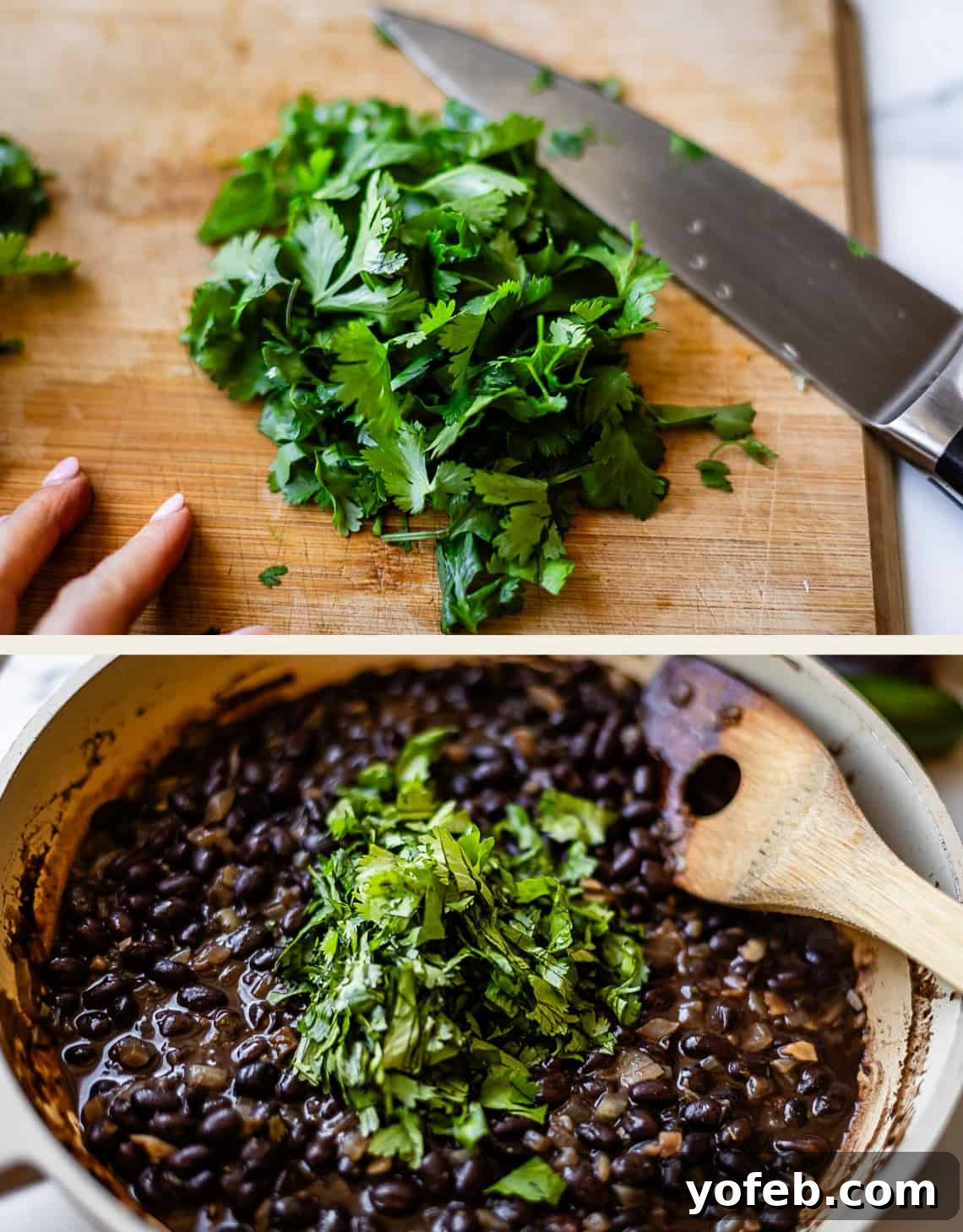 Authentic Mexican Black Beans Recipe with Garlic and Cilantro 11 Chopped cilantro on a cutting board with a knife above a pot of cooked black beans topped with fresh cilantro and a wooden spoon.