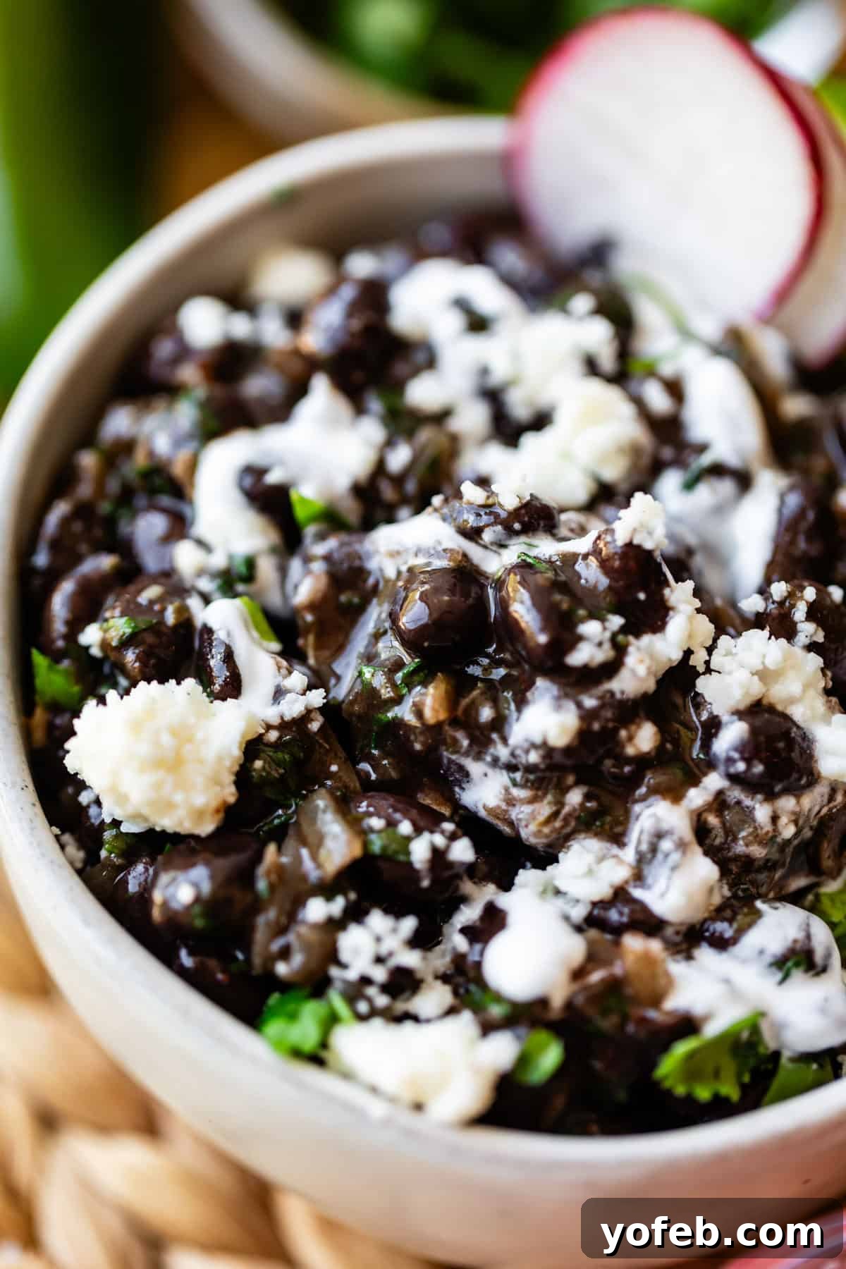 Authentic Mexican Black Beans Recipe with Garlic and Cilantro 12 A close-up of a bowl filled with creamy black beans, garnished with crumbled cheese, fresh cilantro, and a drizzle of white sauce. A sliced radish sits on the edge of the bowl.