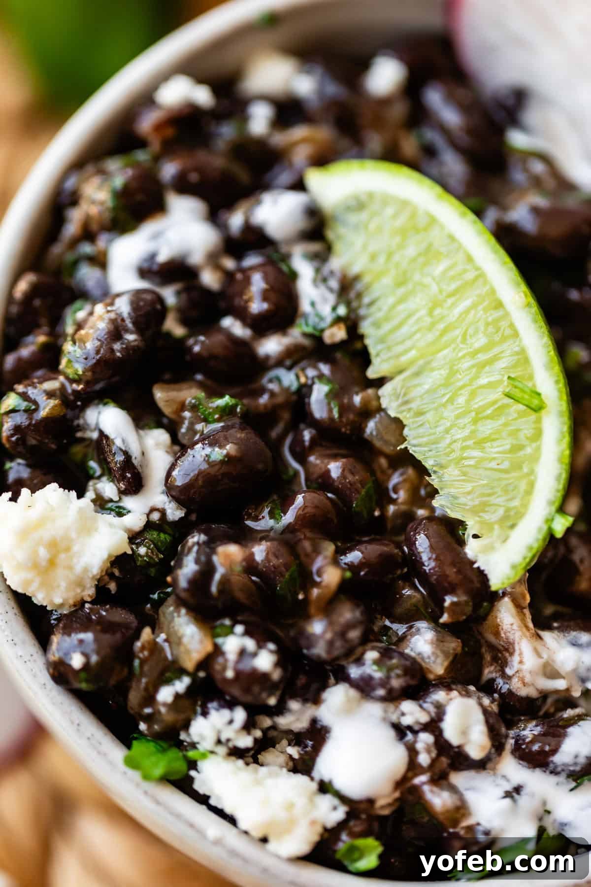 Authentic Mexican Black Beans Recipe with Garlic and Cilantro 3 A close-up of a bowl filled with black beans, topped with crumbled cheese, a drizzle of white sauce, chopped herbs, and a wedge of lime.