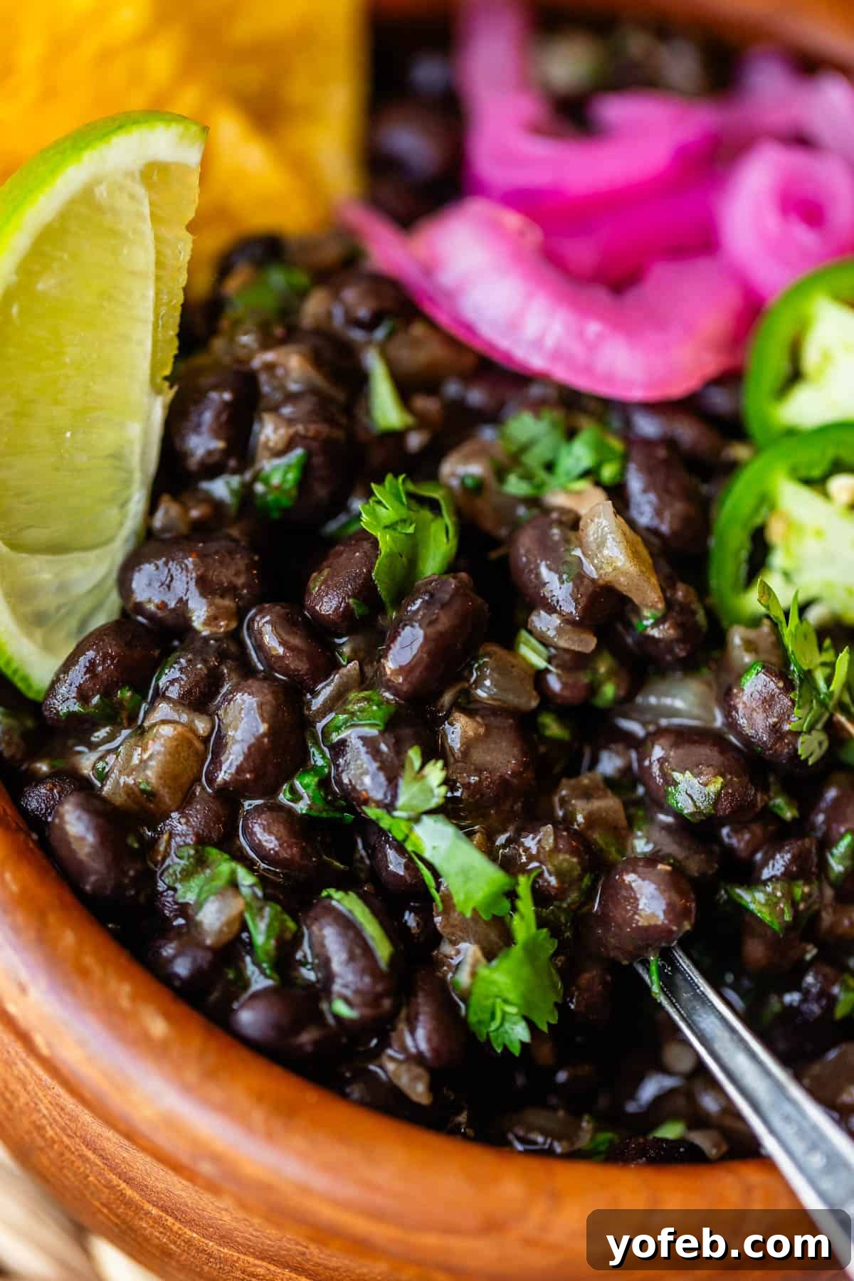 Authentic Mexican Black Beans Recipe with Garlic and Cilantro 4 Close-up of a bowl of black beans garnished with fresh cilantro, lime wedges, sliced jalapeños, and pickled red onions, with a spoon in the bowl.