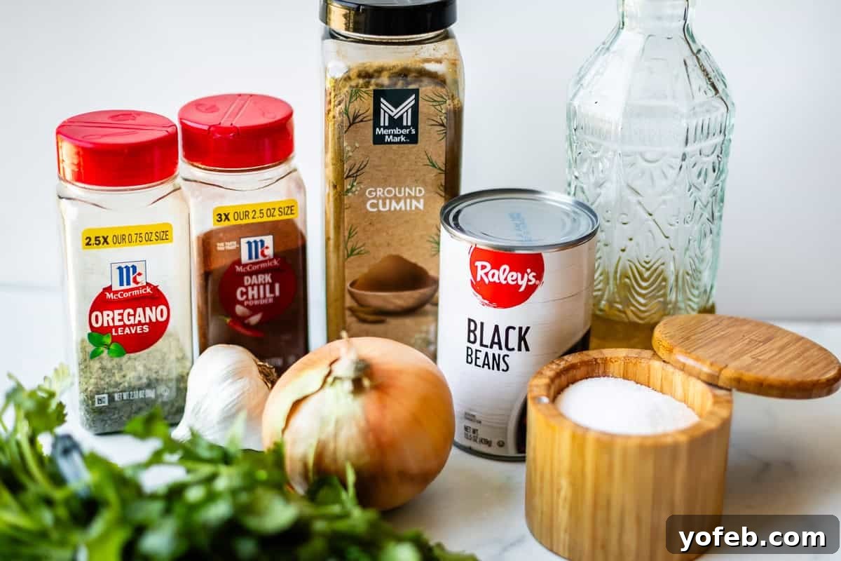 Authentic Mexican Black Beans Recipe with Garlic and Cilantro 6 Ingredients including oregano, chili powder, cumin, olive oil, black beans, salt, an onion, garlic, and cilantro are arranged on a white surface.