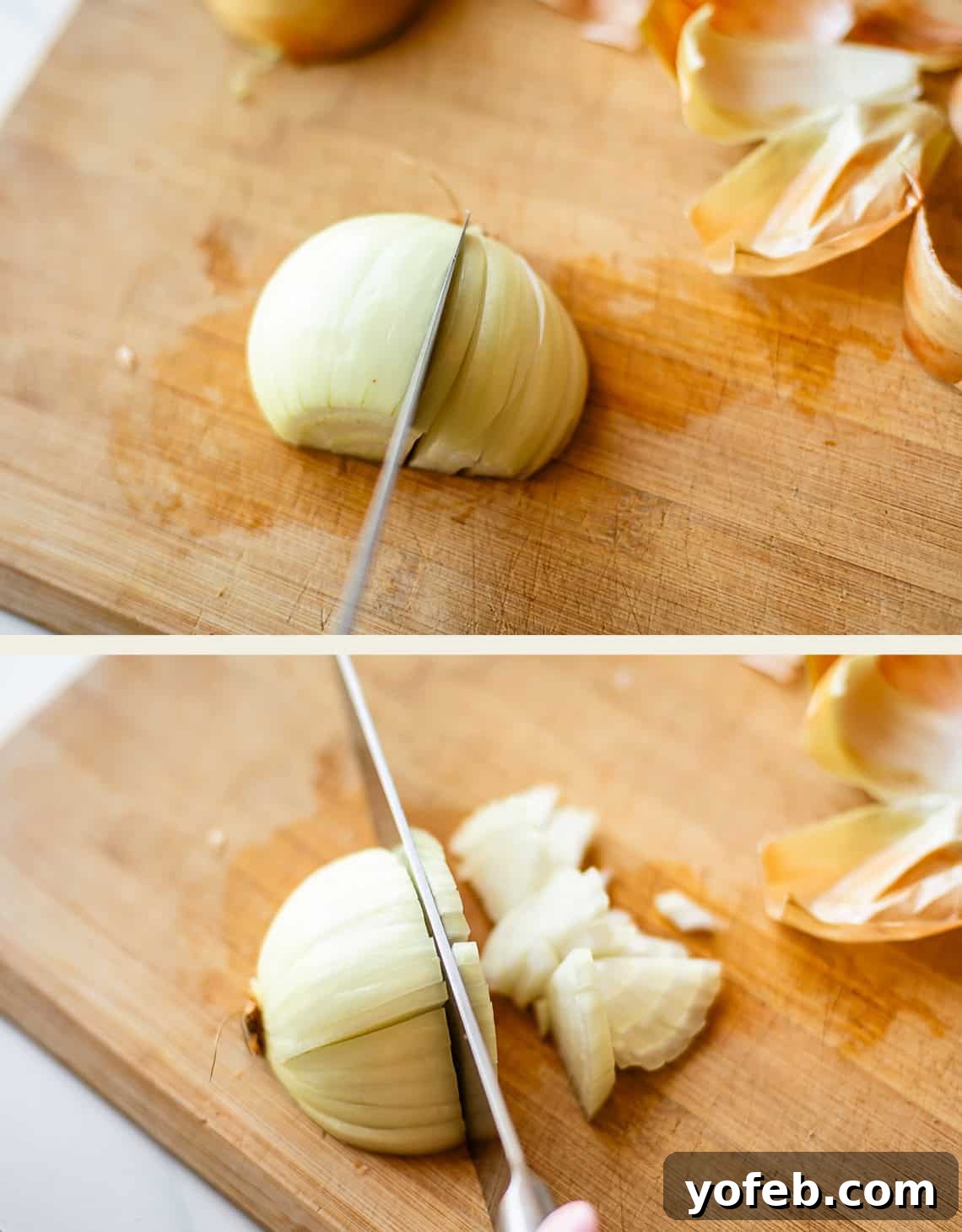 Authentic Mexican Black Beans Recipe with Garlic and Cilantro 7 Two images show an onion being diced on a wooden cutting board. In the top image, the onion is half-sliced; in the bottom, it is being chopped into small pieces. Onion skins are scattered to the side.