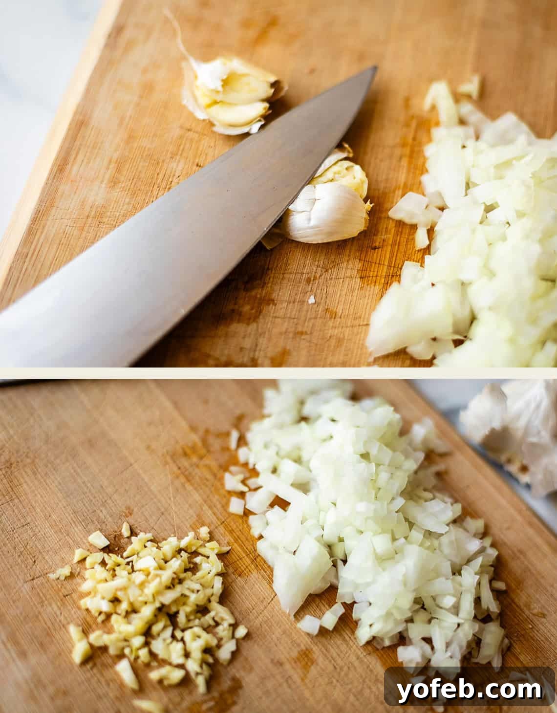 Authentic Mexican Black Beans Recipe with Garlic and Cilantro 8 Close-up of a cutting board with chopped onions, minced garlic, and a chefs knife. Garlic cloves and diced onions are separated on the board in two different stages of preparation.