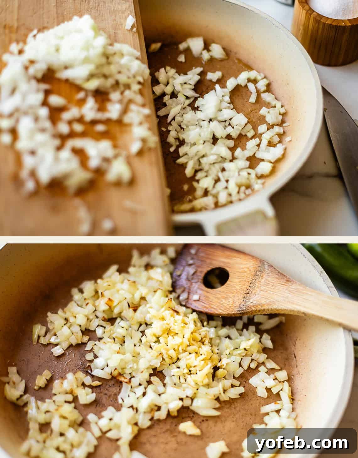 Authentic Mexican Black Beans Recipe with Garlic and Cilantro 9 Chopped onions being added to a pan from a cutting board, then sautéed in the pan with a wooden spoon.