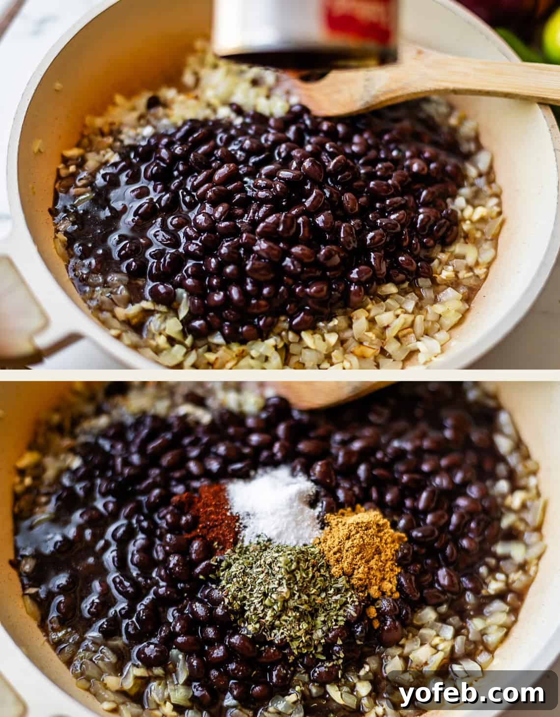 Authentic Mexican Black Beans Recipe with Garlic and Cilantro 10 Top: Black beans and sautéed onions in a pan with a wooden spoon. Bottom: Same pan with added spices including salt, dried herbs, cumin, and chili powder on top of the beans and onions.