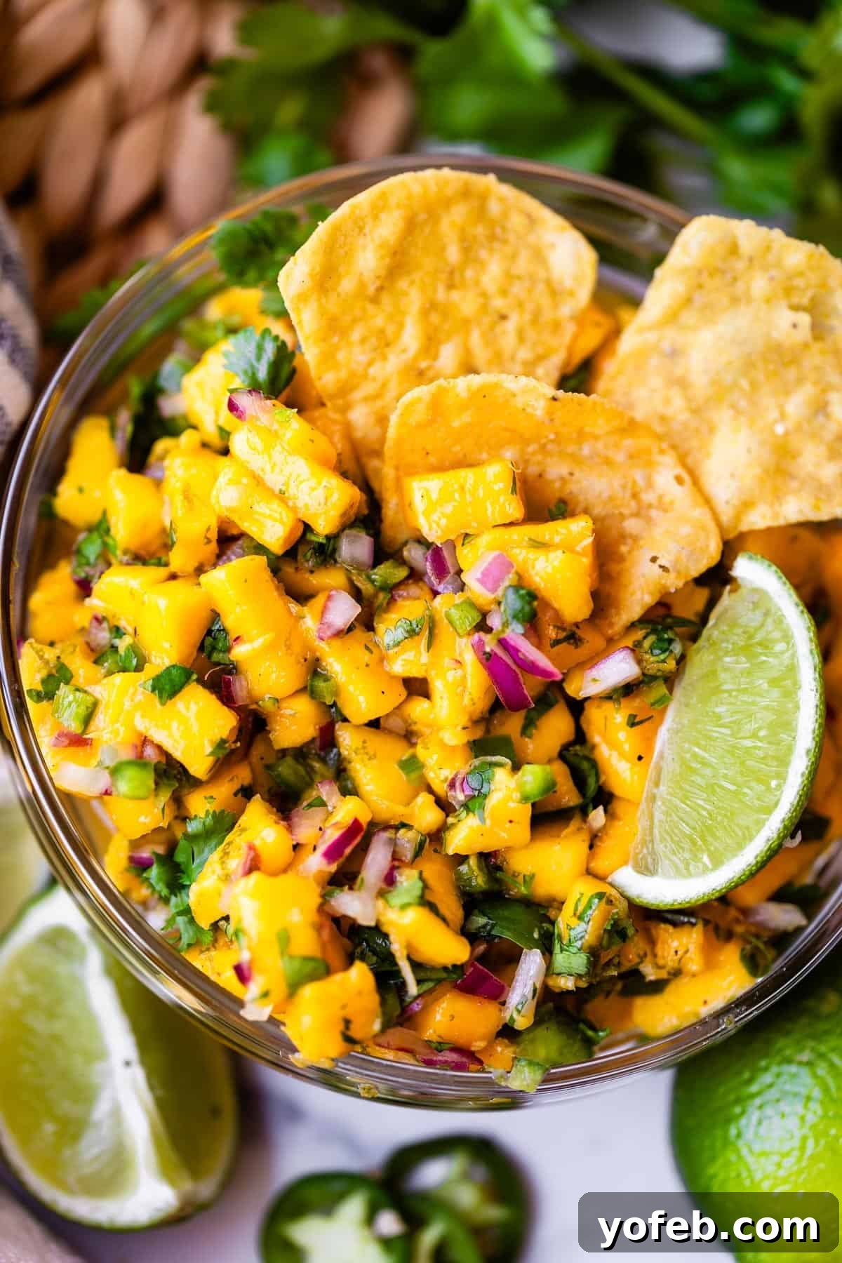 Zesty Mango Salsa Recipe with Lime and Cilantro 2 A bowl of fresh mango salsa with diced mango, red onion, cilantro, and jalapeño, garnished with lime wedges and served with tortilla chips.