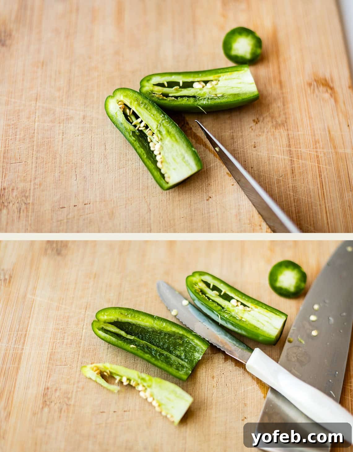 Zesty Mango Salsa Recipe with Lime and Cilantro 11 Top: A jalapeño pepper cut in half with seeds visible on a wooden board next to a knife. Bottom: One jalapeño half being deseeded using a small knife, with a chefs knife and seeds nearby.