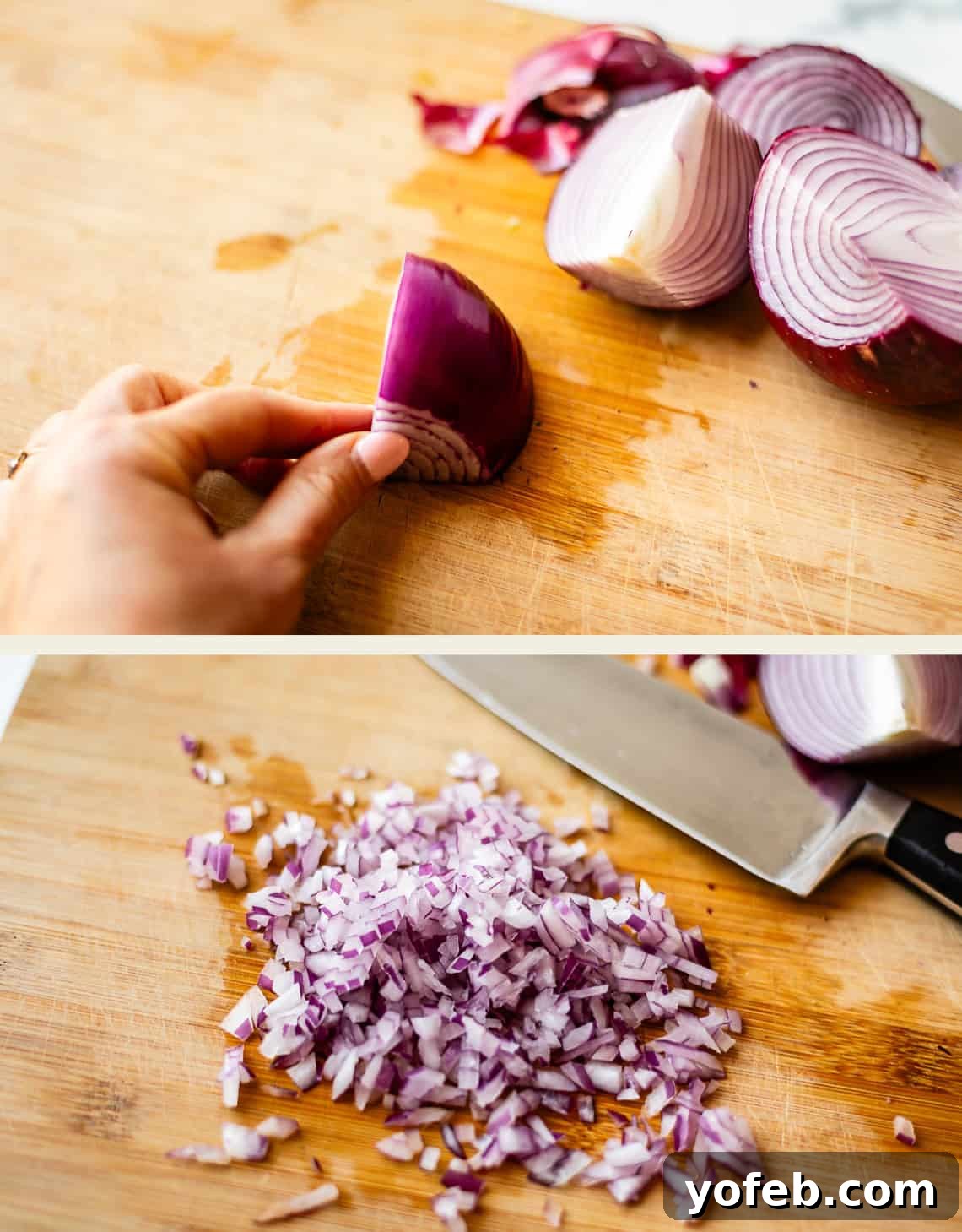 Zesty Mango Salsa Recipe with Lime and Cilantro 12 A hand holds a piece of red onion on a cutting board in the top image. The bottom image shows finely chopped red onion next to a kitchen knife on the same board.
