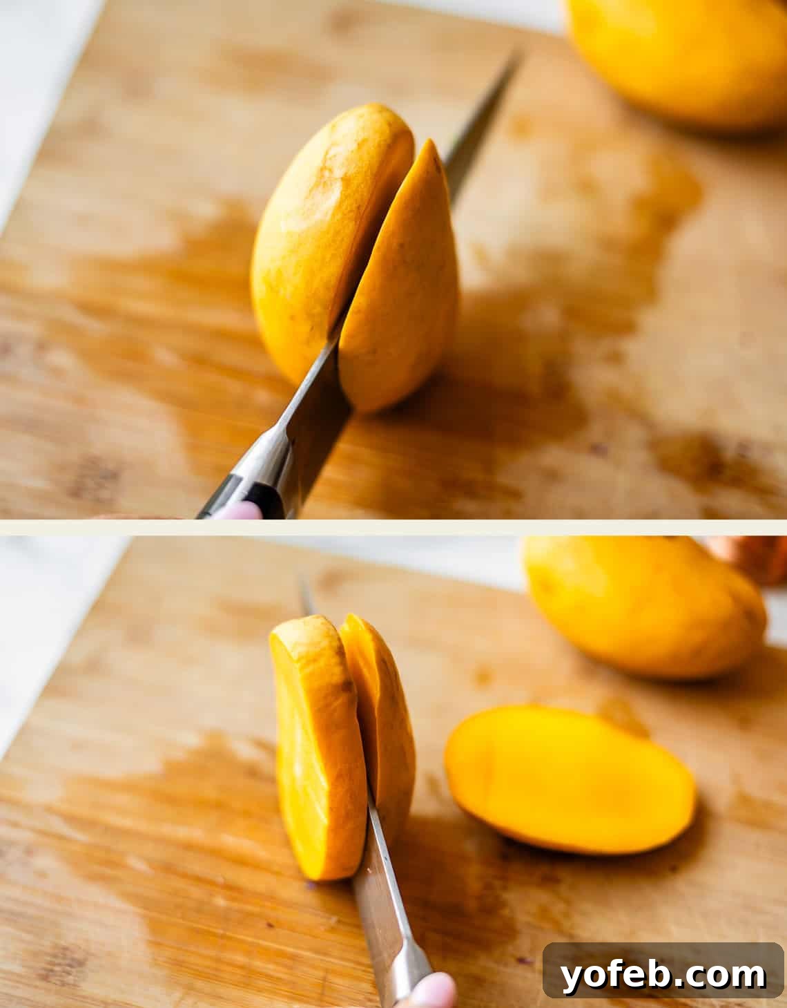Zesty Mango Salsa Recipe with Lime and Cilantro 13 Two images show a mango being sliced on a wooden cutting board; the first image shows the knife partway through, and the second shows one mango half separated from the pit.