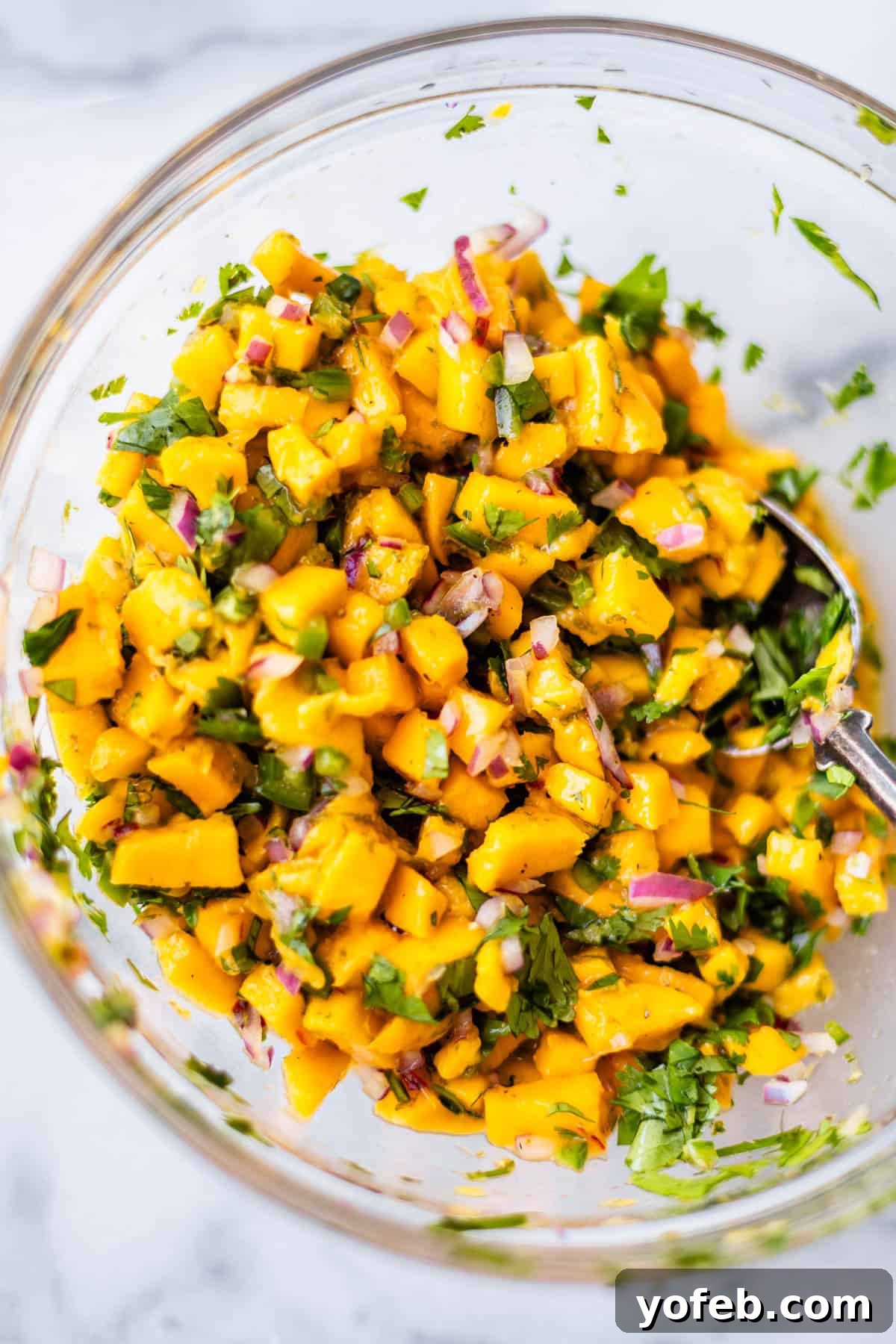 Zesty Mango Salsa Recipe with Lime and Cilantro 15 A glass bowl filled with vibrant mango salsa, featuring diced mango, red onion, cilantro, and jalapeño, with a spoon resting inside.
