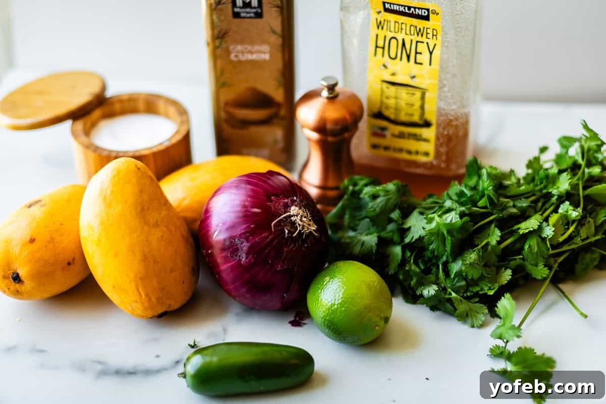 Zesty Mango Salsa Recipe with Lime and Cilantro 8 Three mangoes, a red onion, cilantro, a lime, a jalapeño, a salt container, ground cumin, pepper grinder, and a bottle of wildflower honey on a white surface.